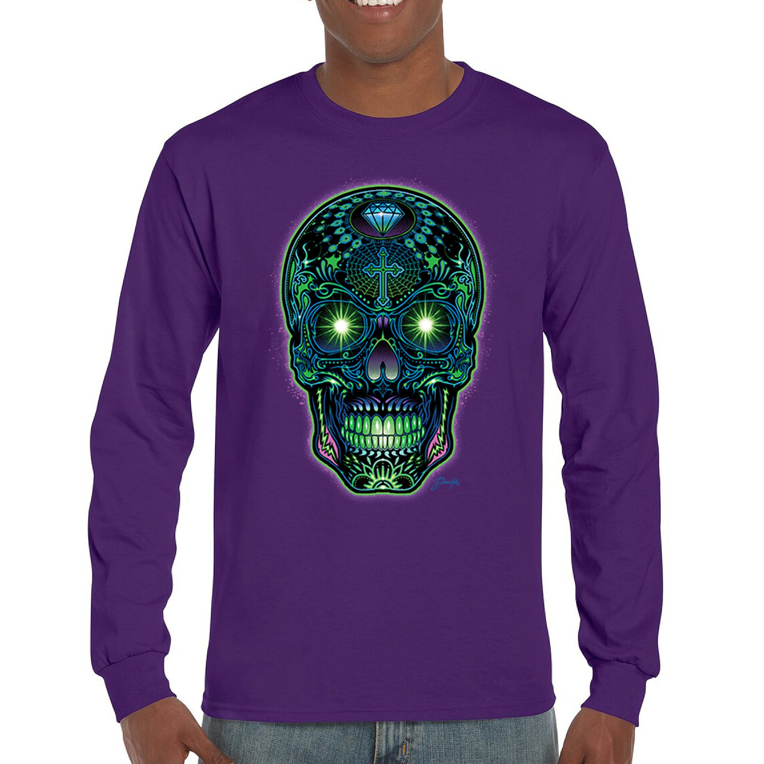 Bright Sugar Skull Long Sleeve T-shirt Dia de Los Muertos Neon Day of the Dead - Picture 16 of 78