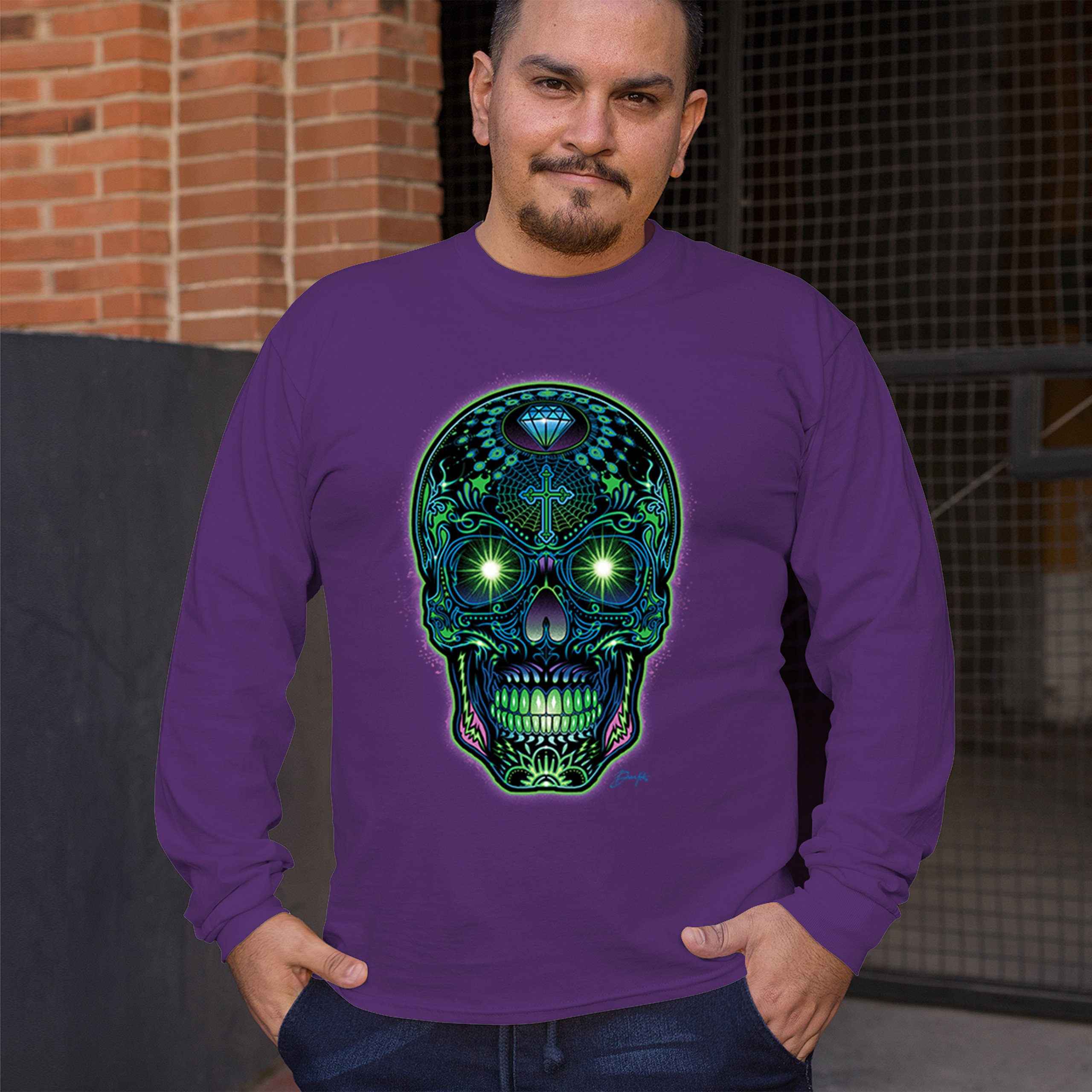 Bright Sugar Skull Long Sleeve T-shirt Dia de Los Muertos Neon Day of the Dead - Picture 19 of 78