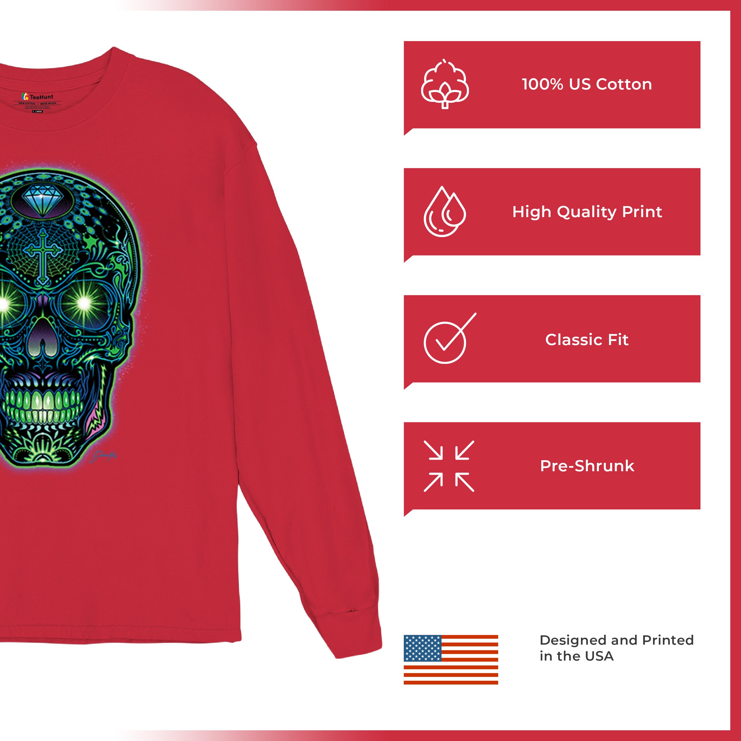 Bright Sugar Skull Long Sleeve T-shirt Dia de Los Muertos Neon Day of the Dead - Picture 28 of 78
