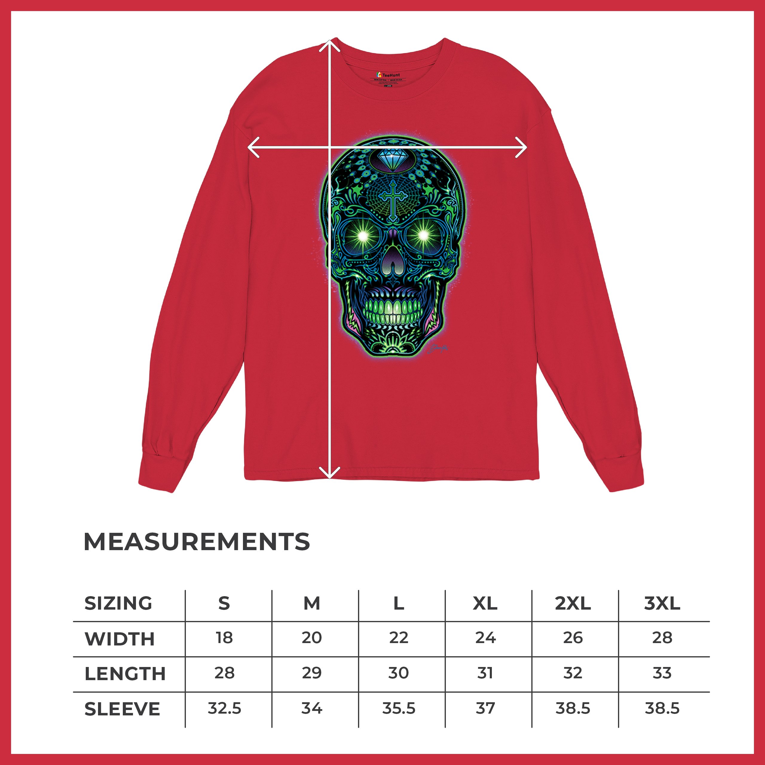 Bright Sugar Skull Long Sleeve T-shirt Dia de Los Muertos Neon Day of the Dead - Picture 29 of 78