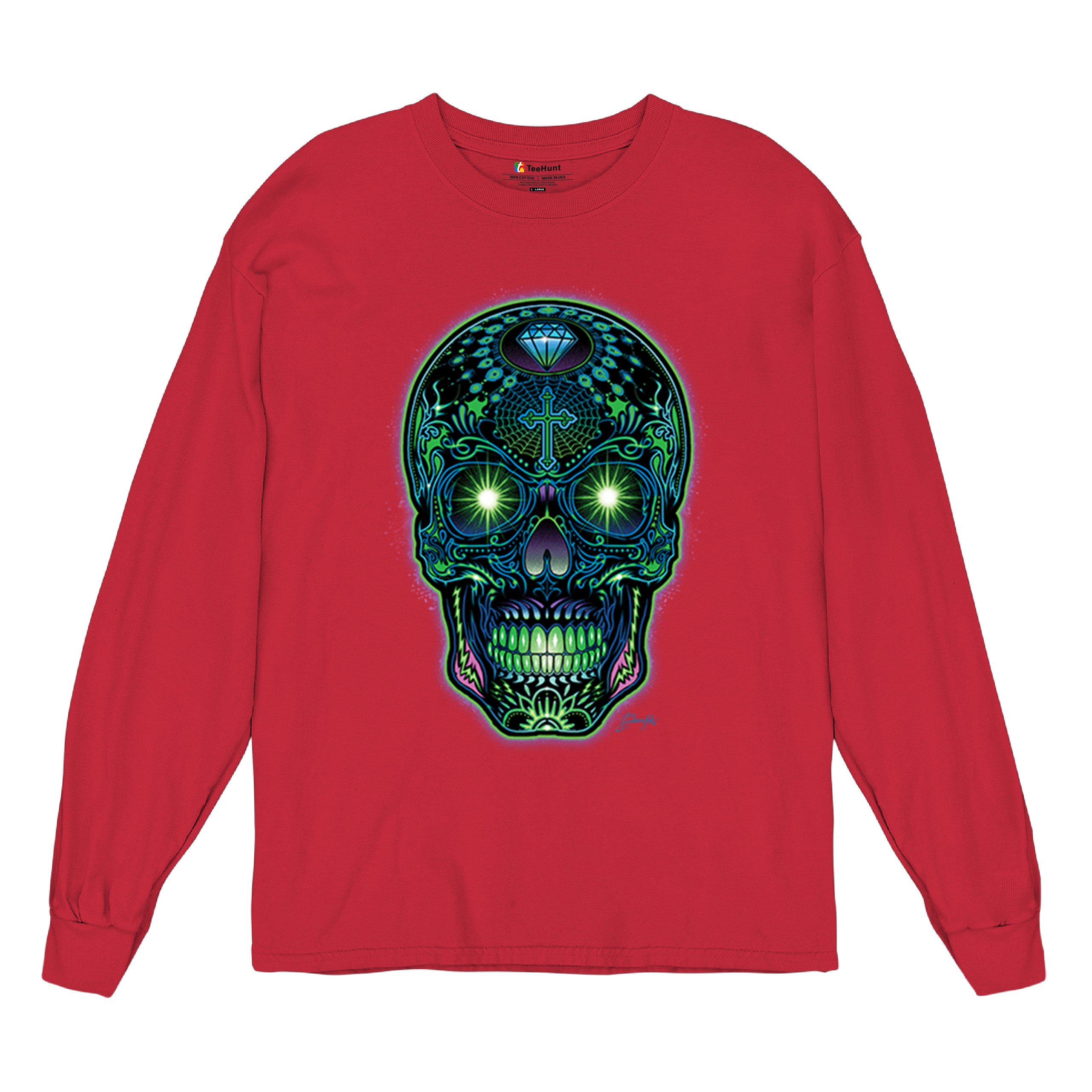Bright Sugar Skull Long Sleeve T-shirt Dia de Los Muertos Neon Day of the Dead - Picture 27 of 78