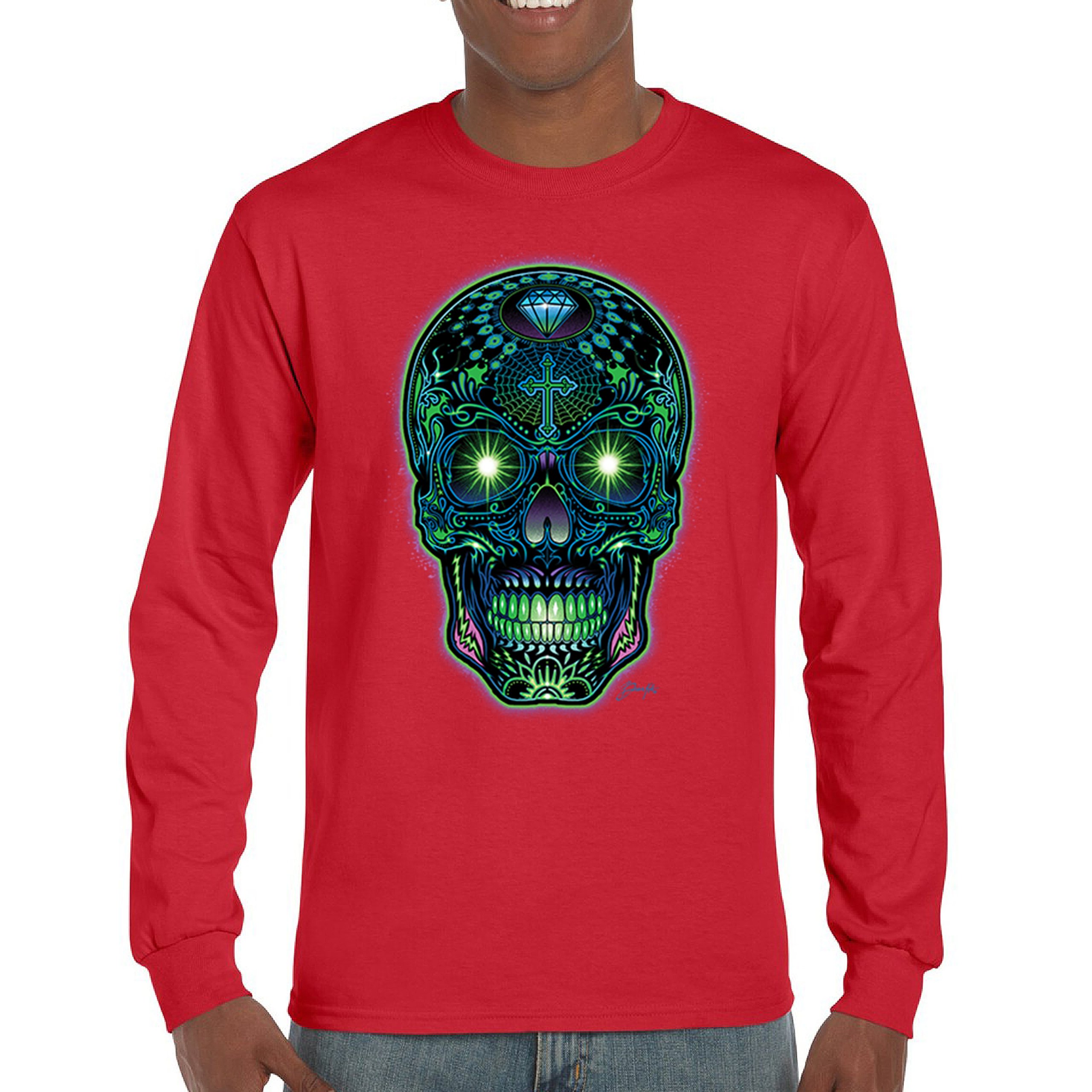 Bright Sugar Skull Long Sleeve T-shirt Dia de Los Muertos Neon Day of the Dead - Picture 23 of 78