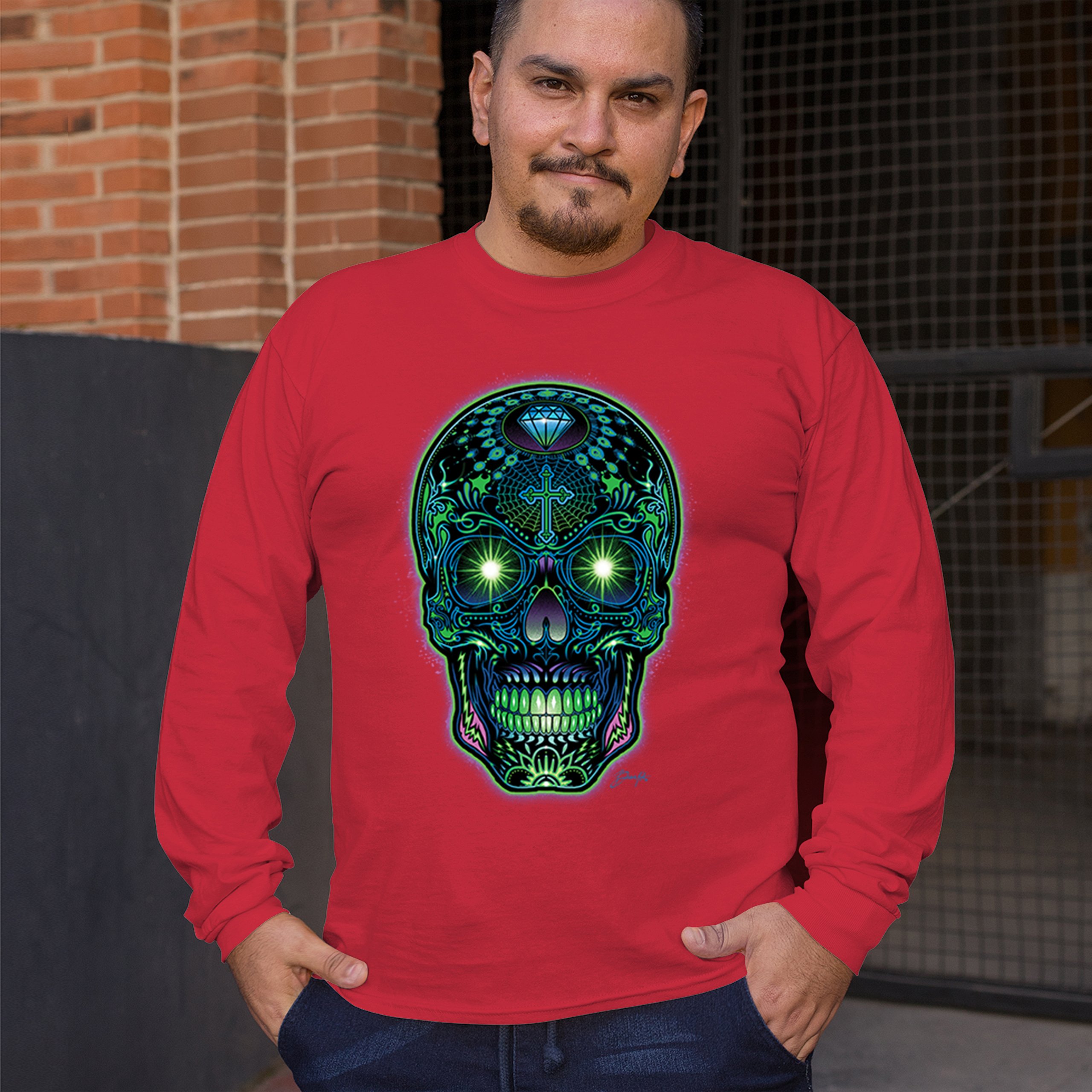 Bright Sugar Skull Long Sleeve T-shirt Dia de Los Muertos Neon Day of the Dead - Picture 26 of 78