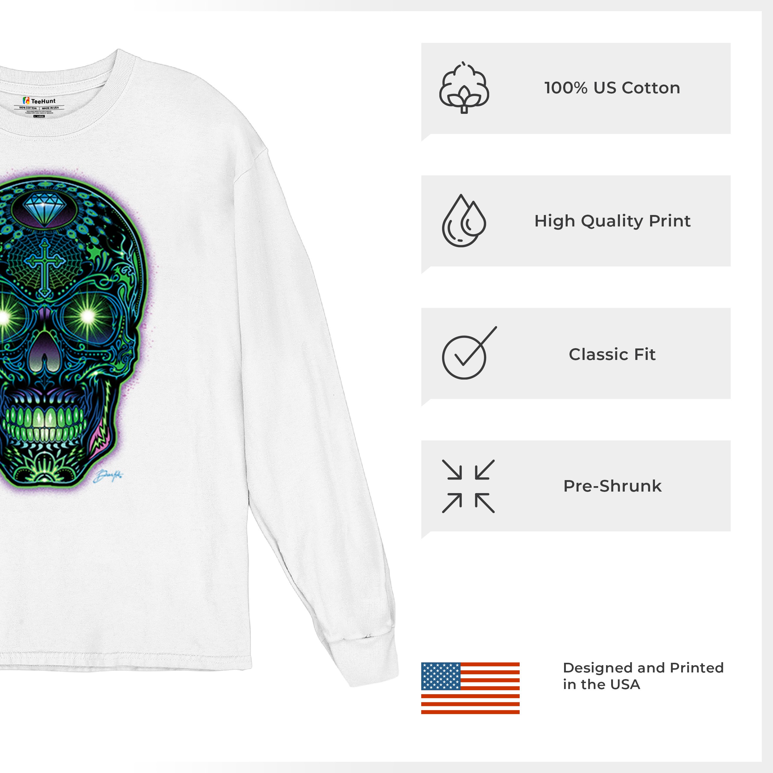 Bright Sugar Skull Long Sleeve T-shirt Dia de Los Muertos Neon Day of the Dead - Picture 35 of 78