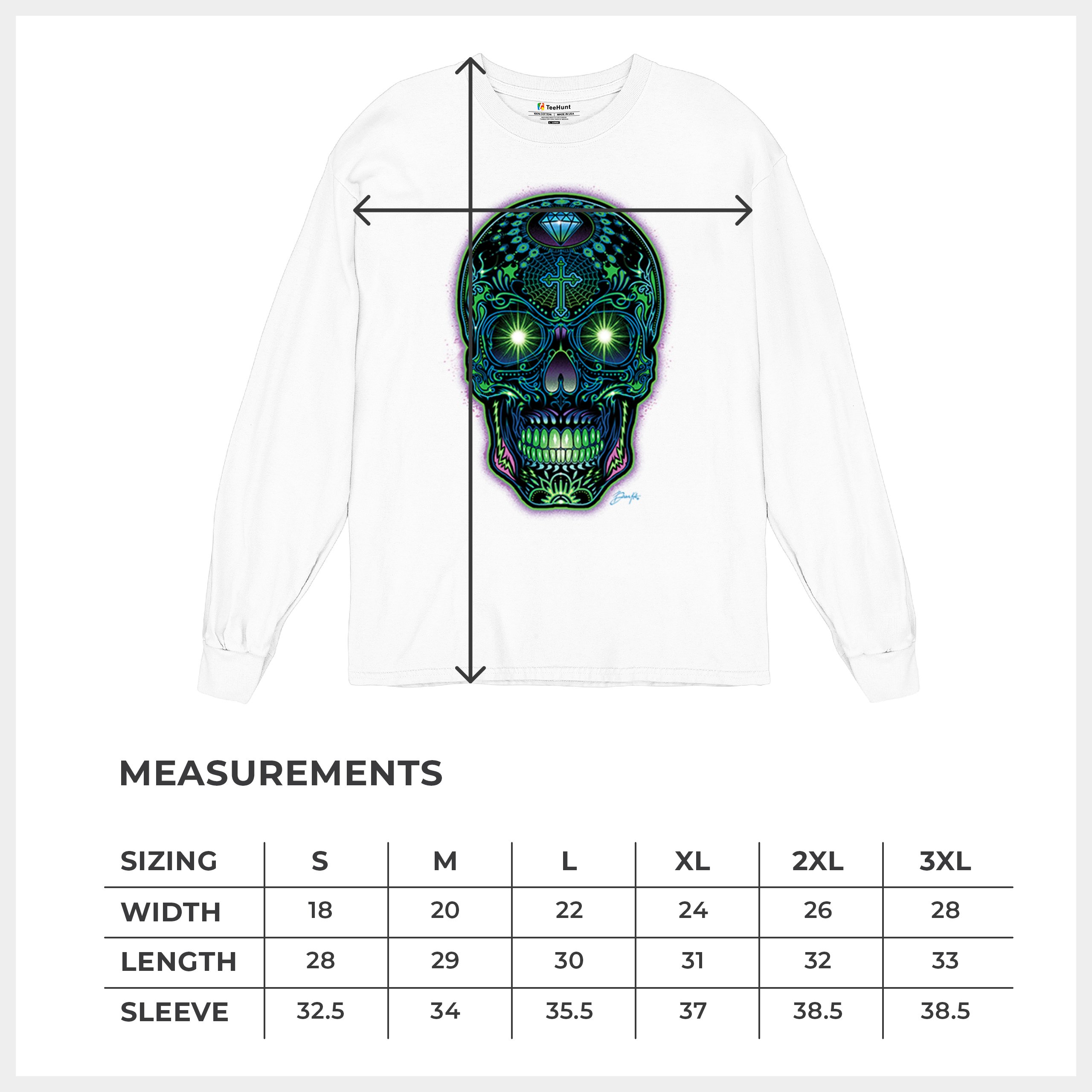 Bright Sugar Skull Long Sleeve T-shirt Dia de Los Muertos Neon Day of the Dead - Picture 36 of 78