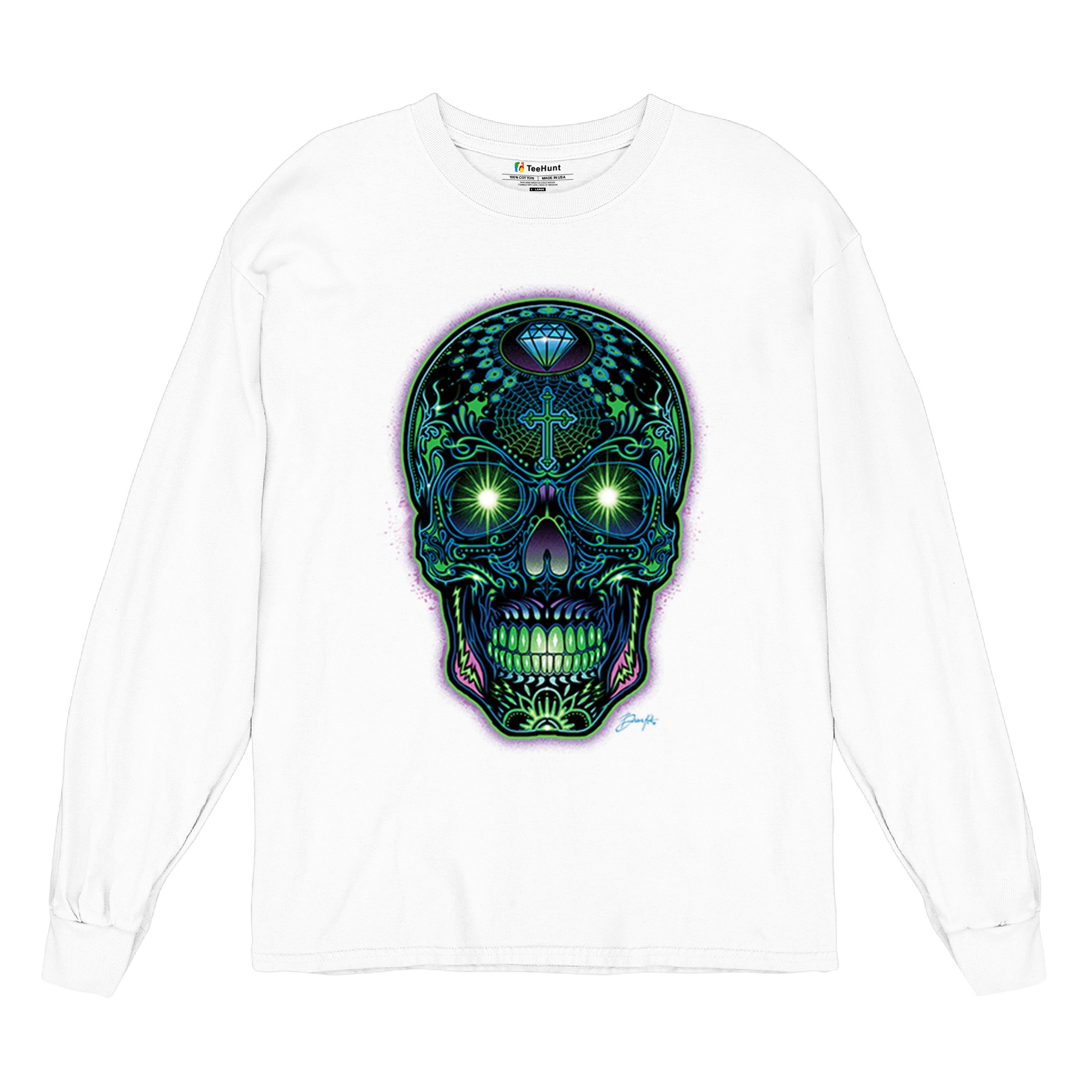 Bright Sugar Skull Long Sleeve T-shirt Dia de Los Muertos Neon Day of the Dead - Picture 34 of 78