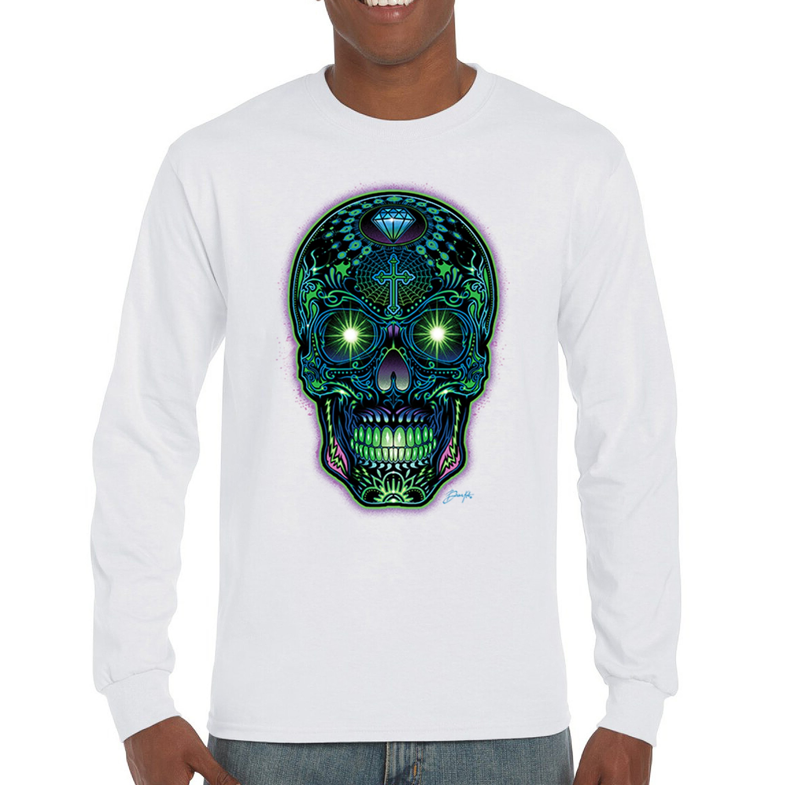 Bright Sugar Skull Long Sleeve T-shirt Dia de Los Muertos Neon Day of the Dead - Picture 30 of 78