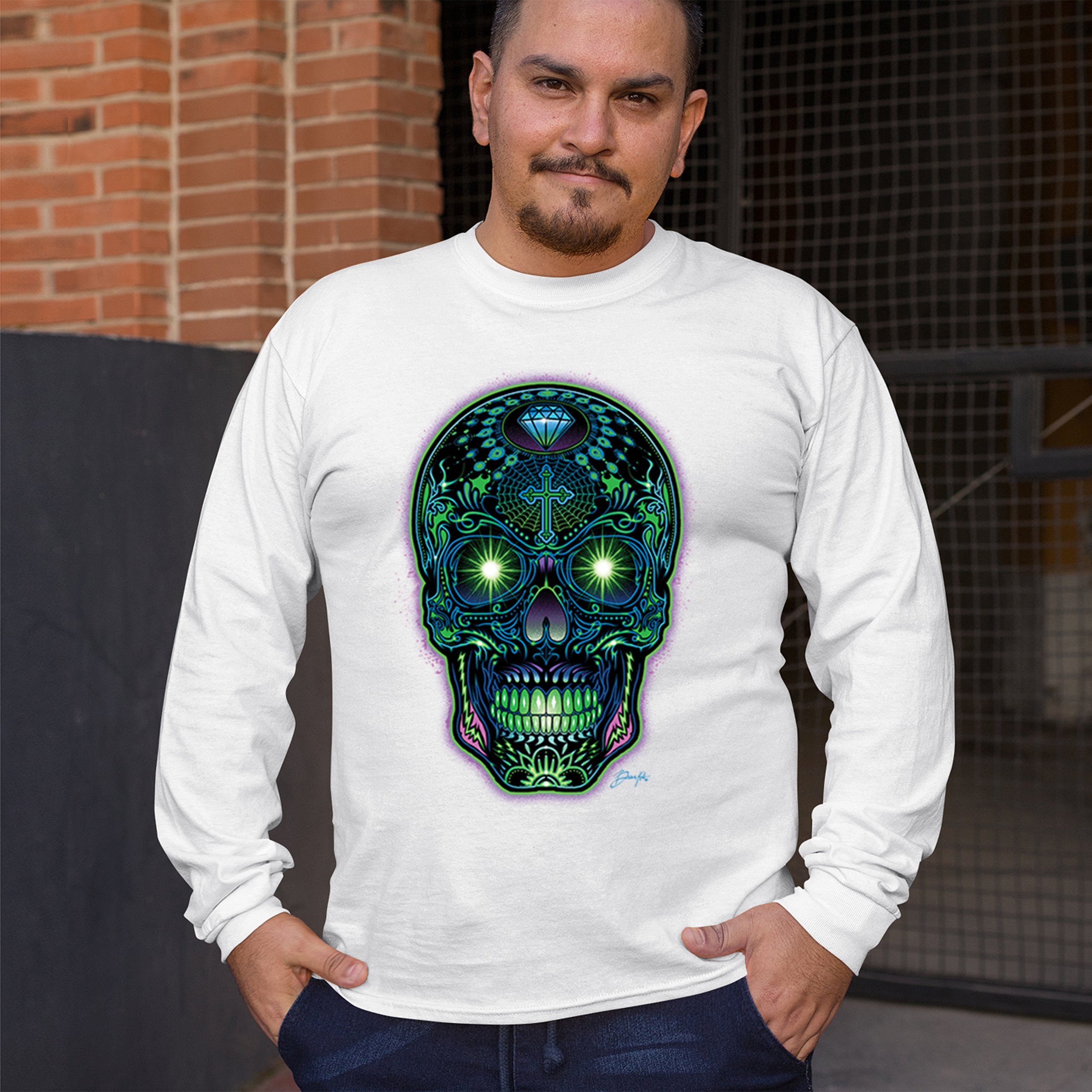 Bright Sugar Skull Long Sleeve T-shirt Dia de Los Muertos Neon Day of the Dead - Picture 33 of 78