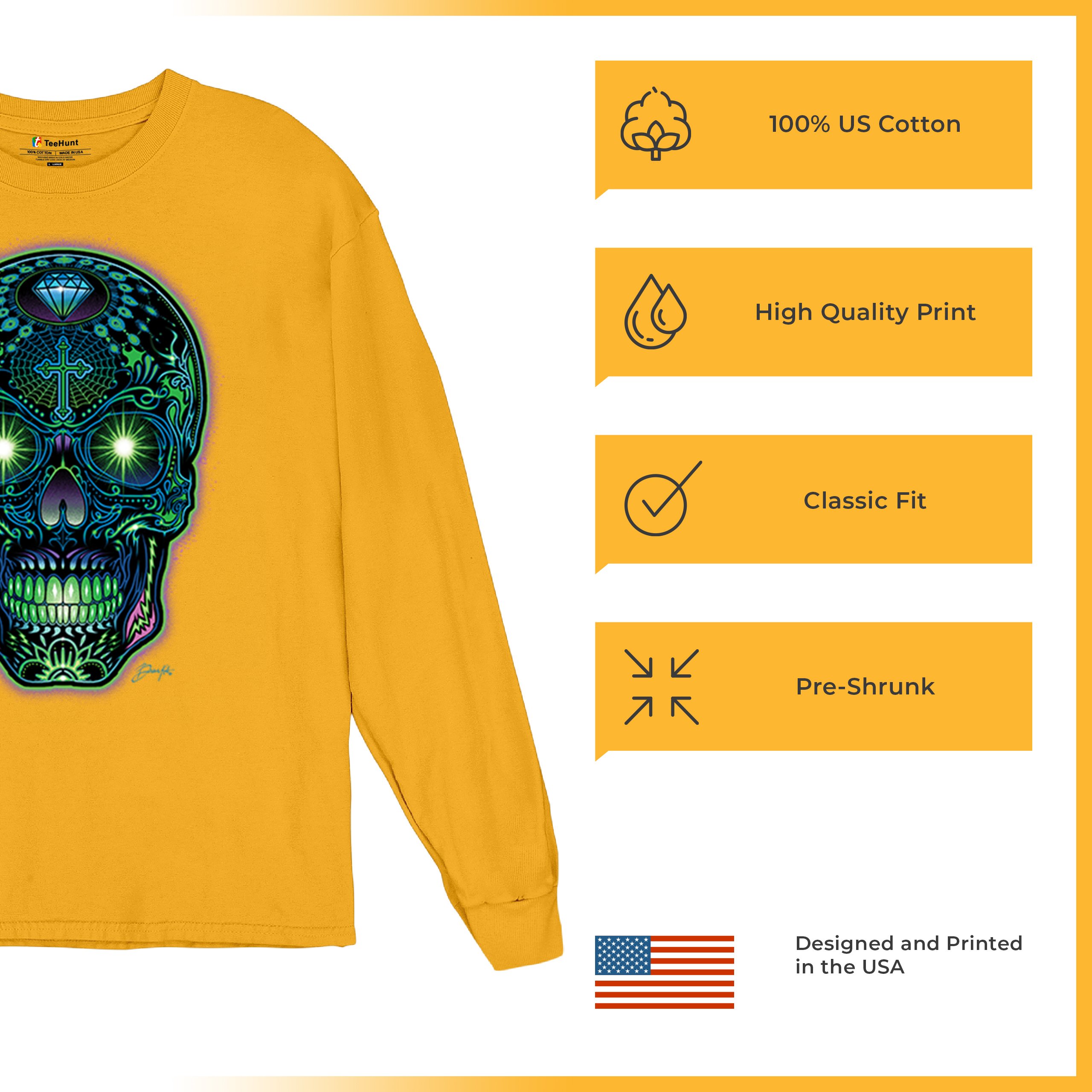 Bright Sugar Skull Long Sleeve T-shirt Dia de Los Muertos Neon Day of the Dead - Picture 70 of 78