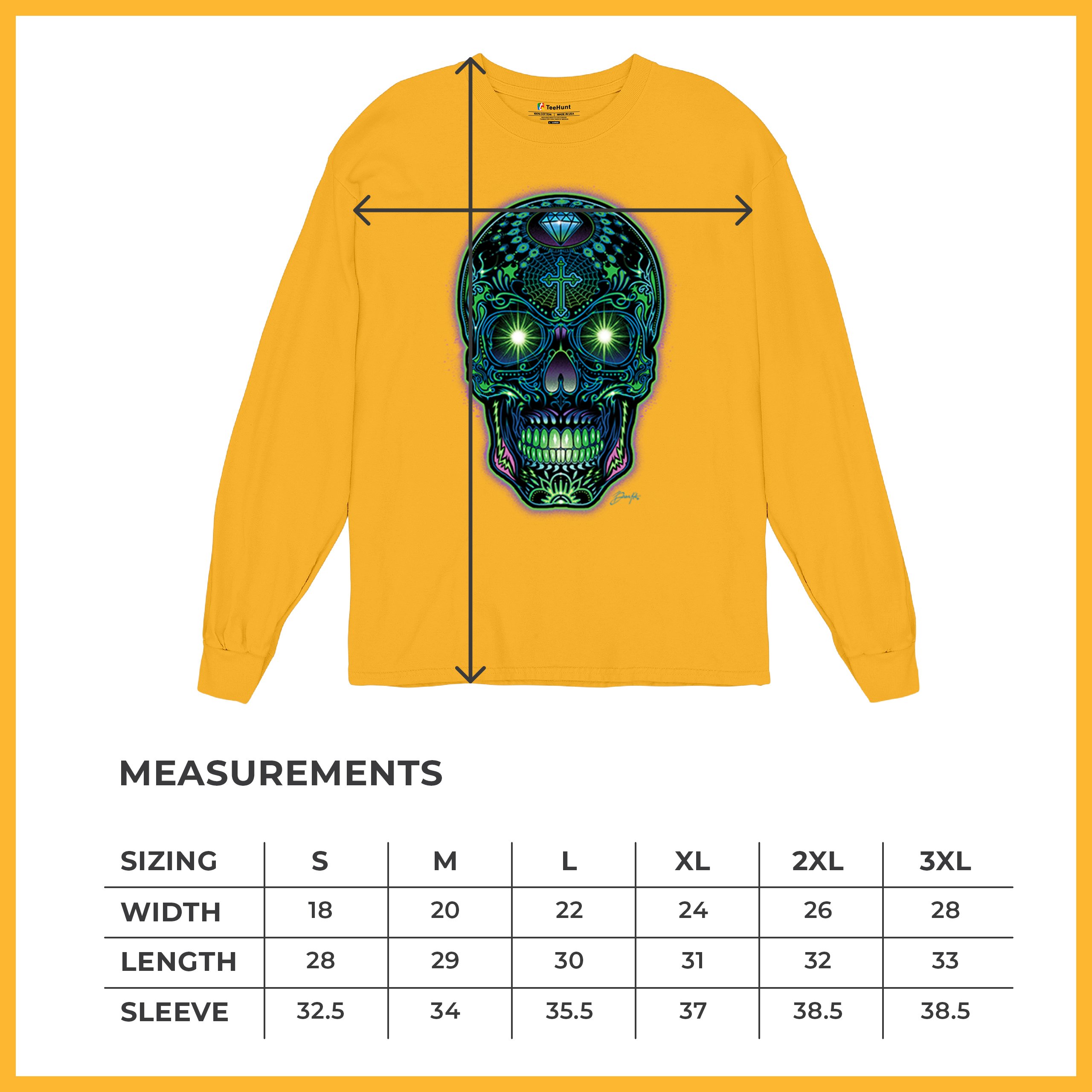 Bright Sugar Skull Long Sleeve T-shirt Dia de Los Muertos Neon Day of the Dead - Picture 71 of 78