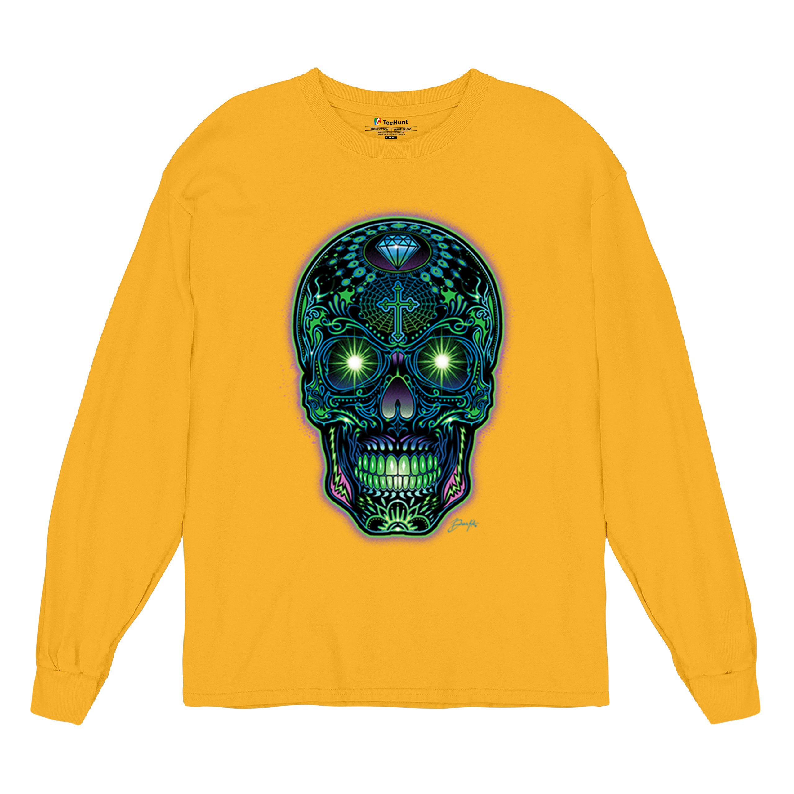 Bright Sugar Skull Long Sleeve T-shirt Dia de Los Muertos Neon Day of the Dead - Picture 69 of 78