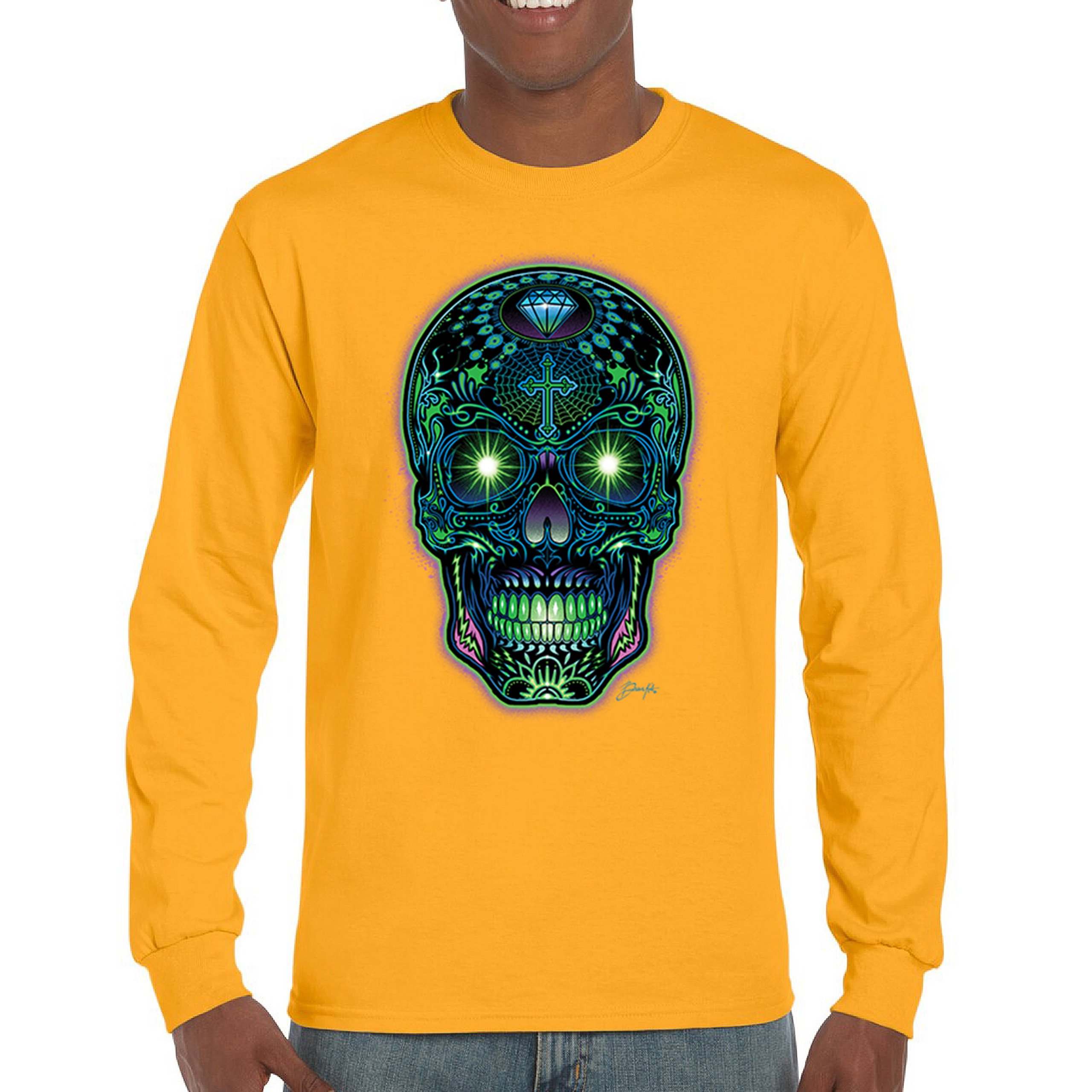 Bright Sugar Skull Long Sleeve T-shirt Dia de Los Muertos Neon Day of the Dead - Picture 65 of 78