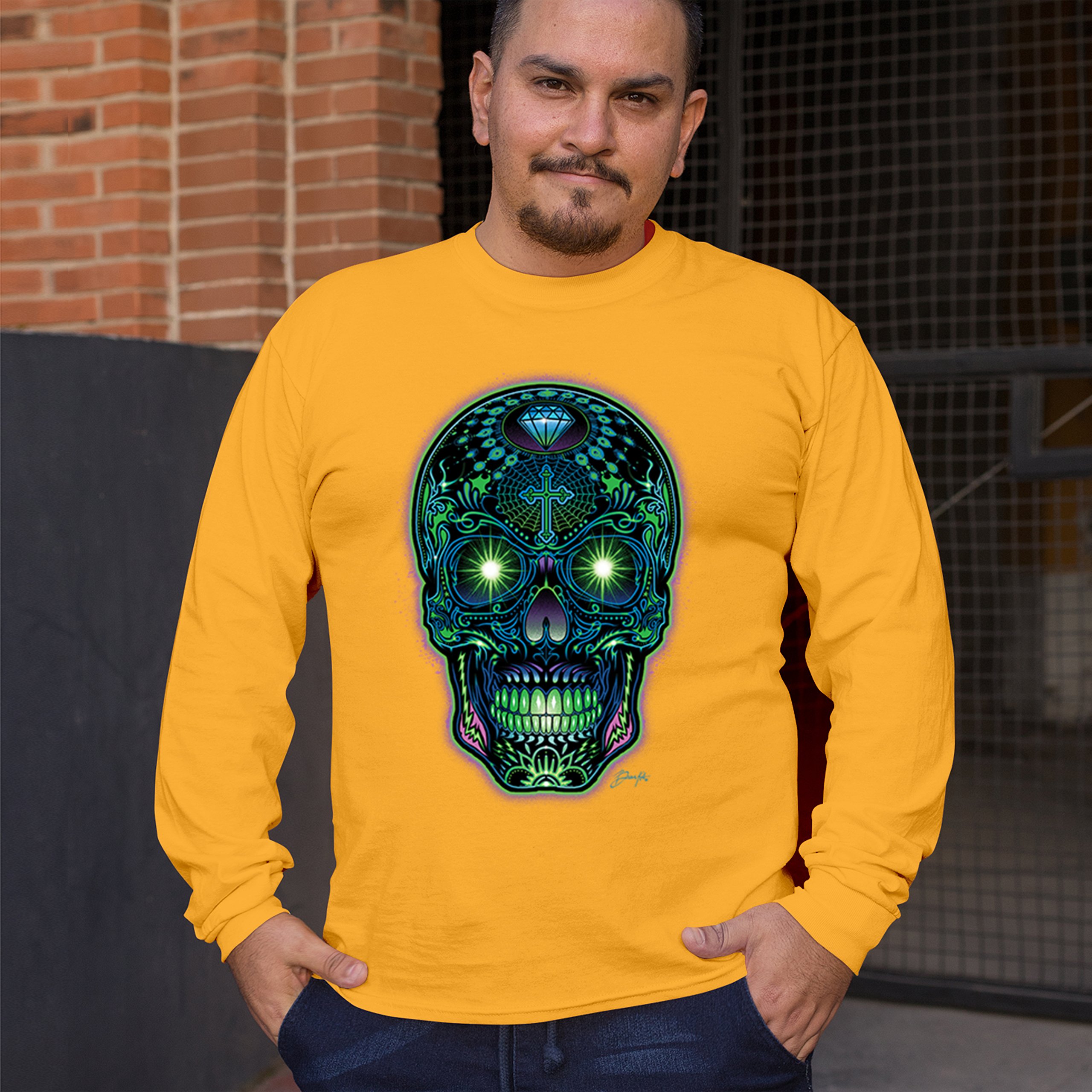 Bright Sugar Skull Long Sleeve T-shirt Dia de Los Muertos Neon Day of the Dead - Picture 68 of 78