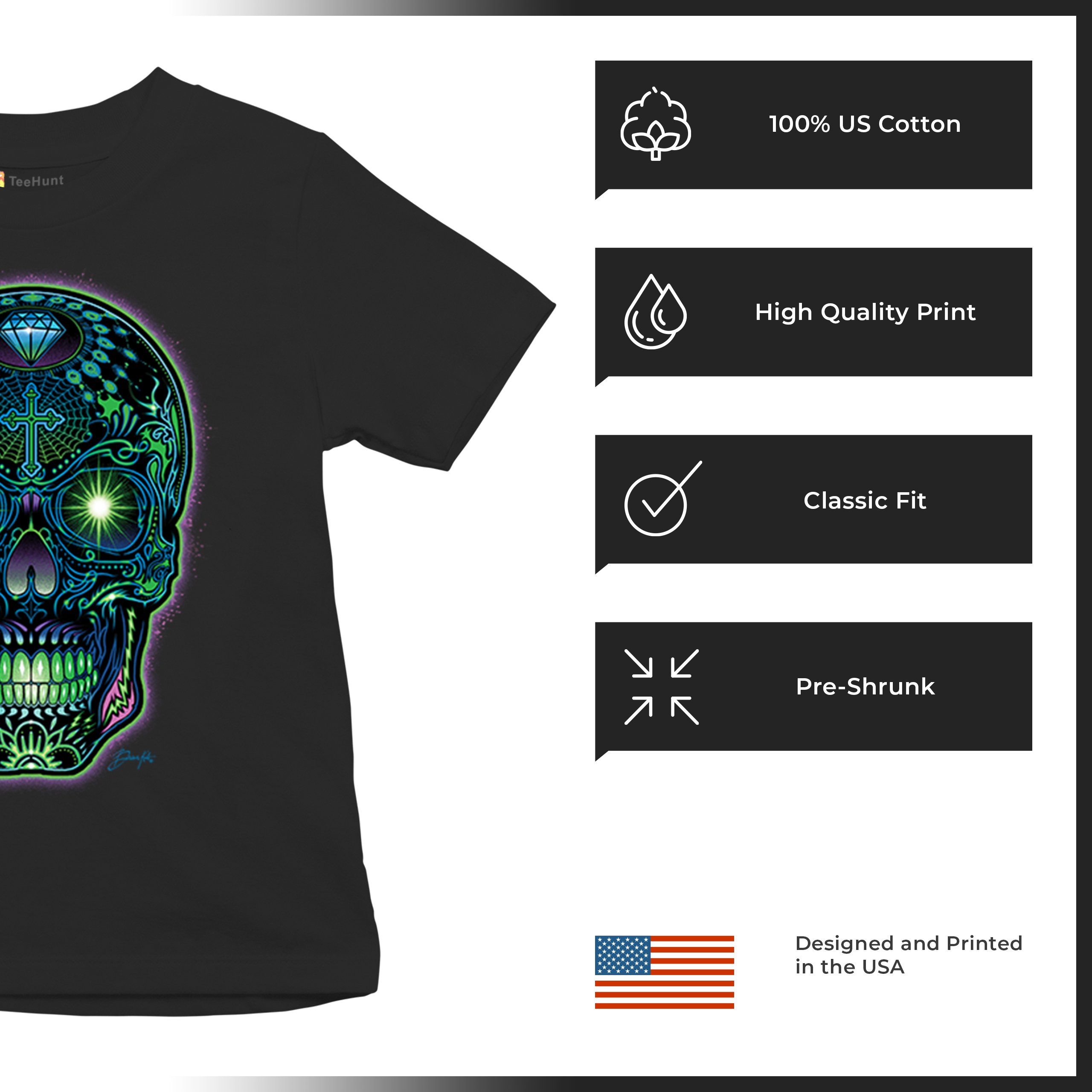 Bright Sugar Skull Youth T-shirt Dia de Los Muertos Neon Day of the Dead Kids - Picture 7 of 50