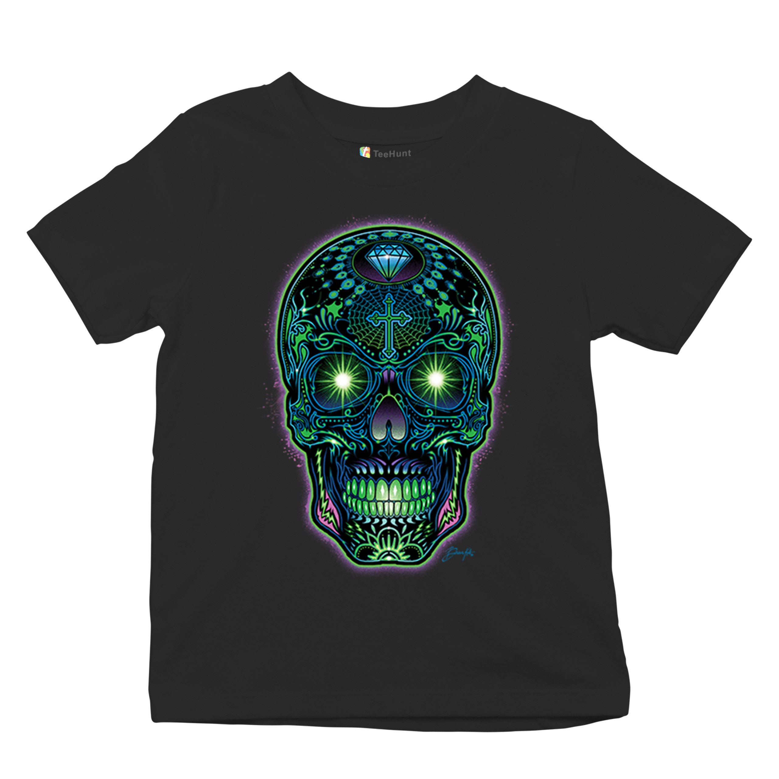 Bright Sugar Skull Youth T-shirt Dia de Los Muertos Neon Day of the Dead Kids - Picture 6 of 50