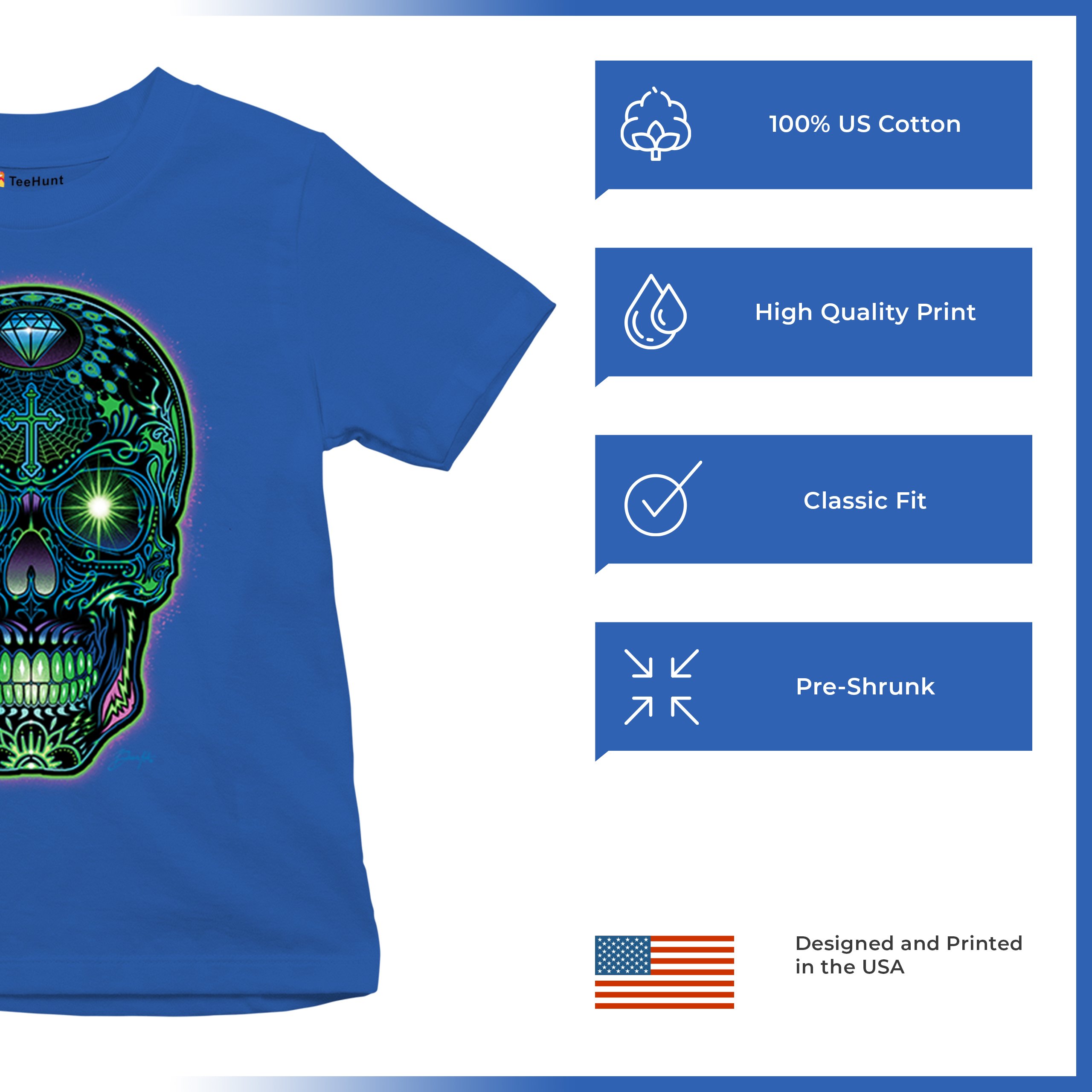 Bright Sugar Skull Youth T-shirt Dia de Los Muertos Neon Day of the Dead Kids - Picture 42 of 50