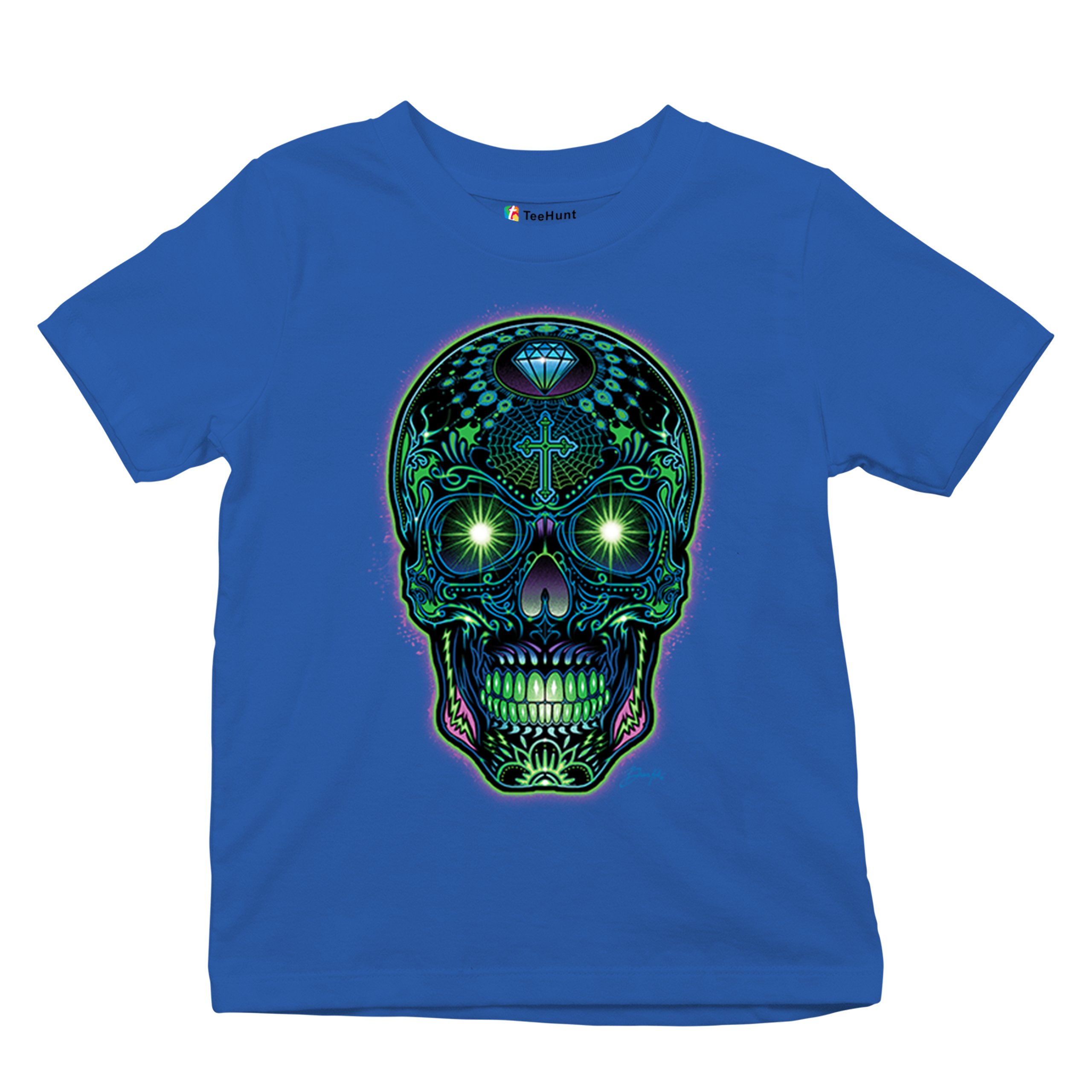 Bright Sugar Skull Youth T-shirt Dia de Los Muertos Neon Day of the Dead Kids - Picture 41 of 50