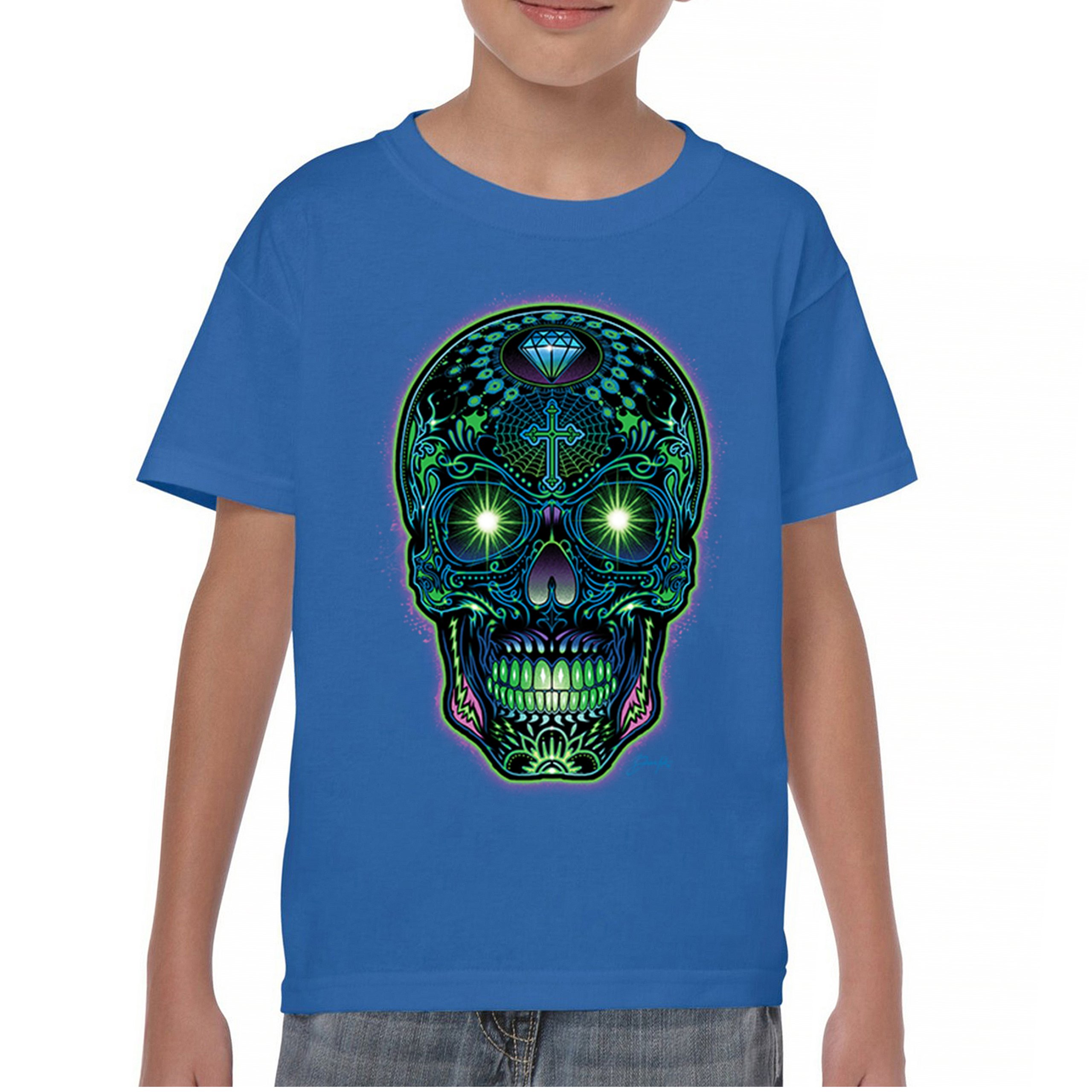 Bright Sugar Skull Youth T-shirt Dia de Los Muertos Neon Day of the Dead Kids - Picture 37 of 50