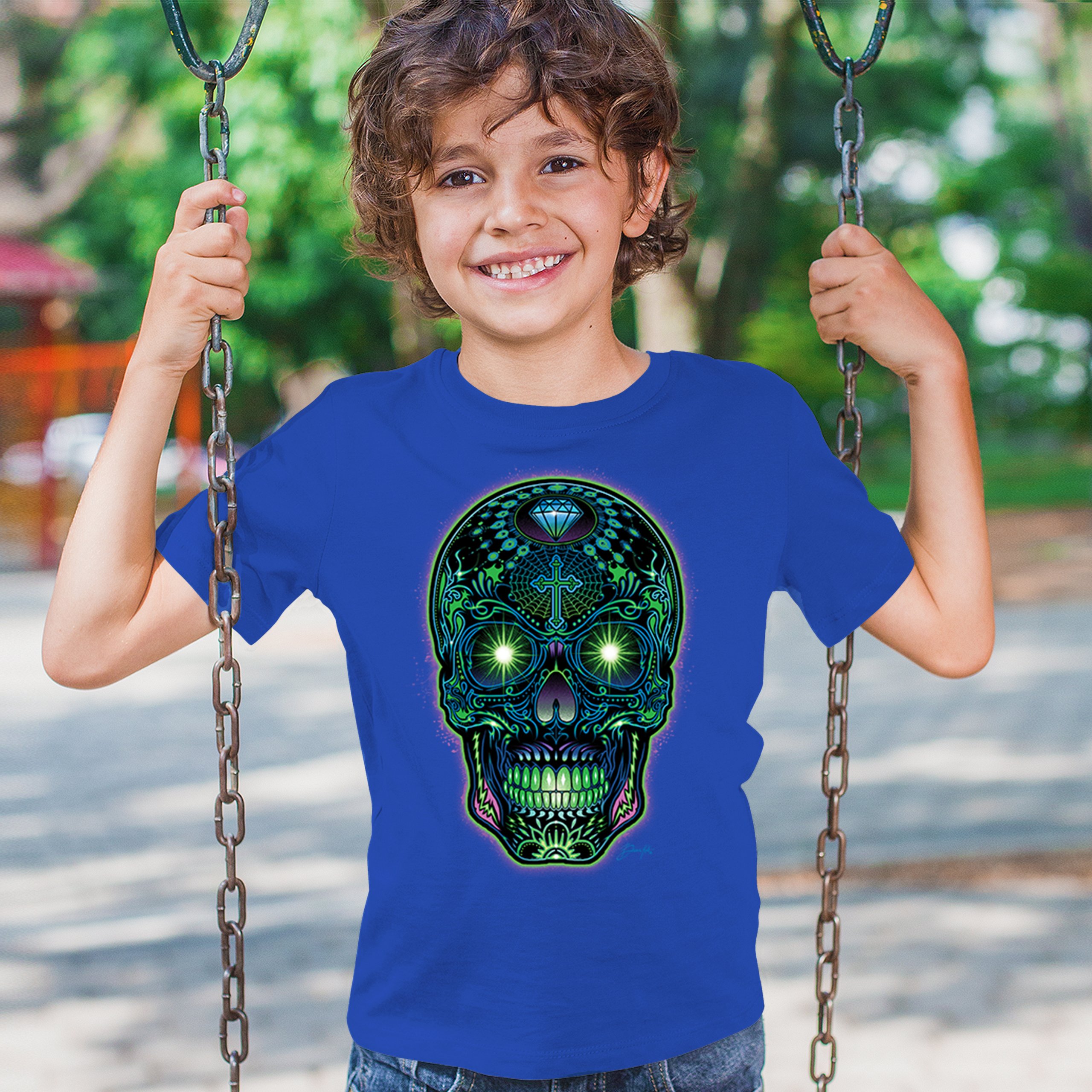 Bright Sugar Skull Youth T-shirt Dia de Los Muertos Neon Day of the Dead Kids - Picture 40 of 50