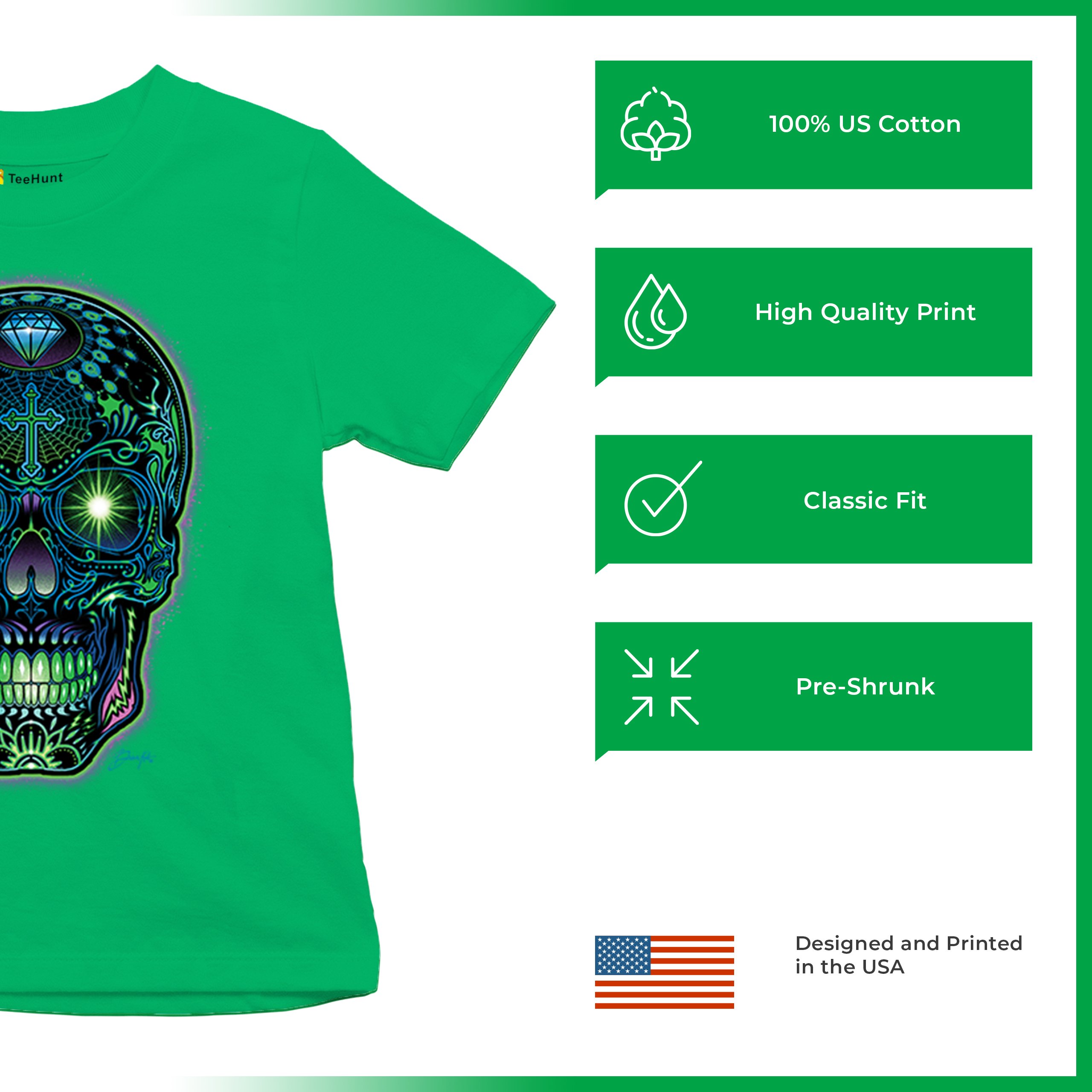 Bright Sugar Skull Youth T-shirt Dia de Los Muertos Neon Day of the Dead Kids - Picture 35 of 50