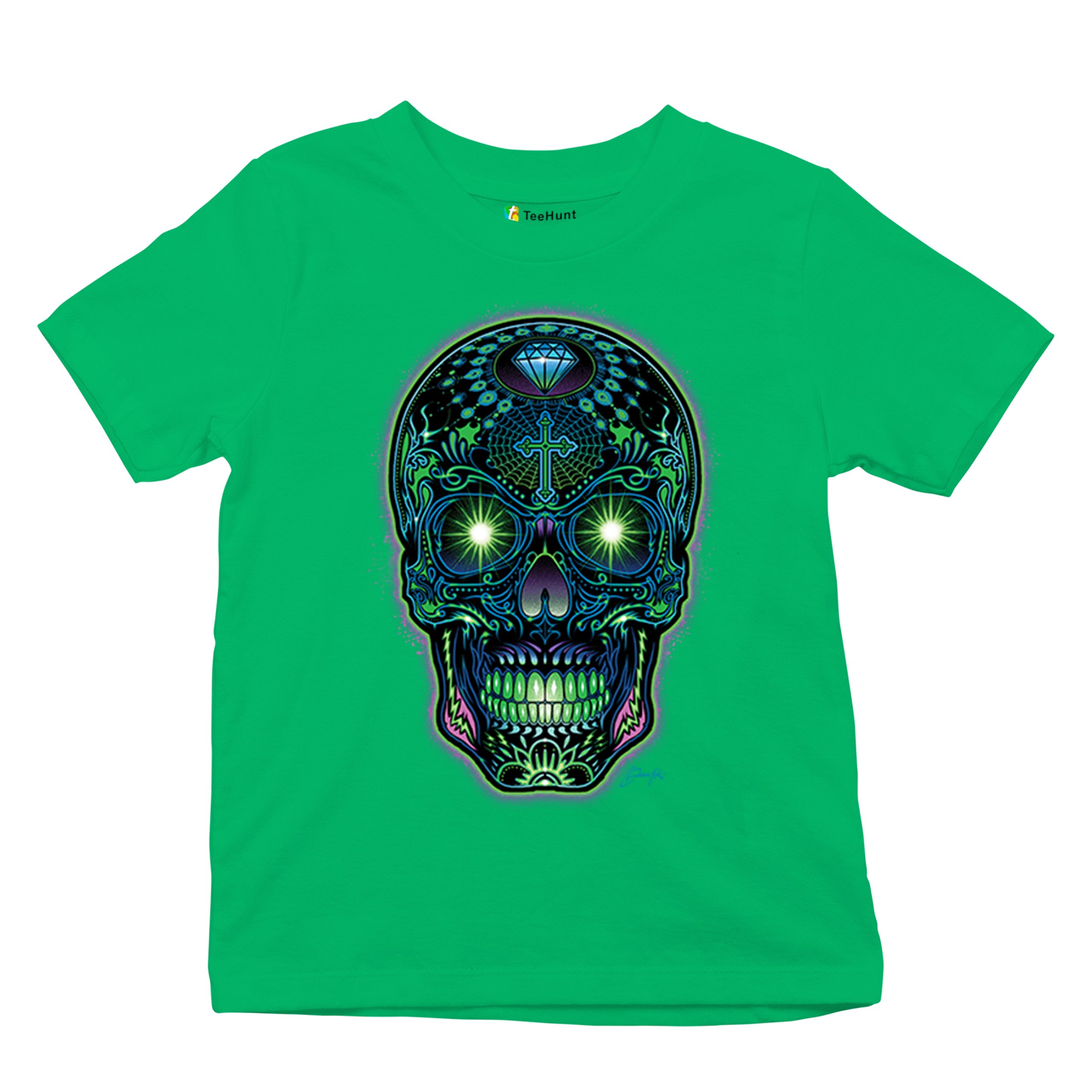 Bright Sugar Skull Youth T-shirt Dia de Los Muertos Neon Day of the Dead Kids - Picture 34 of 50