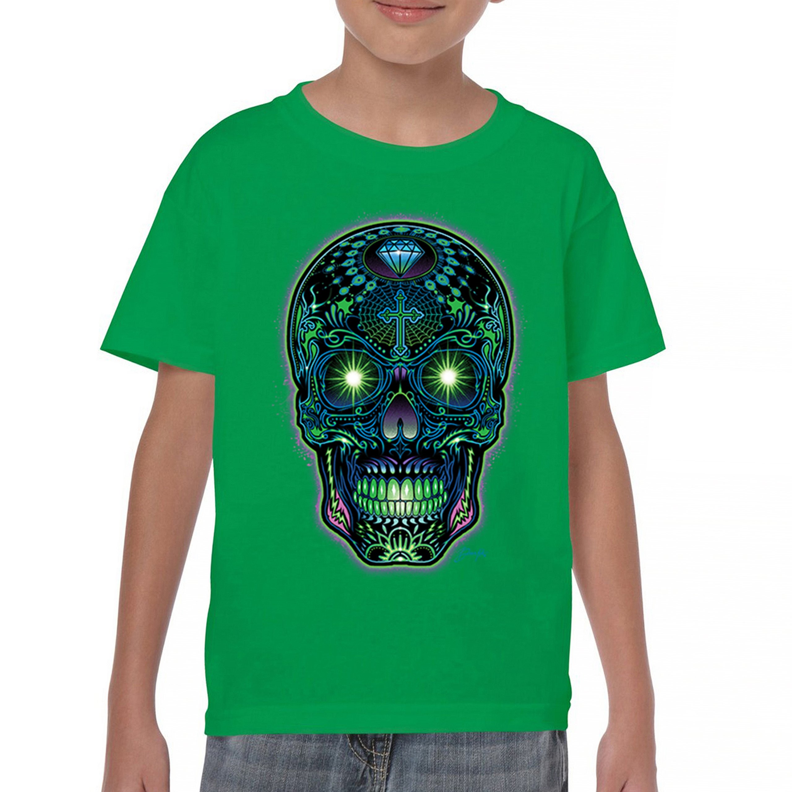 Bright Sugar Skull Youth T-shirt Dia de Los Muertos Neon Day of the Dead Kids - Picture 30 of 50