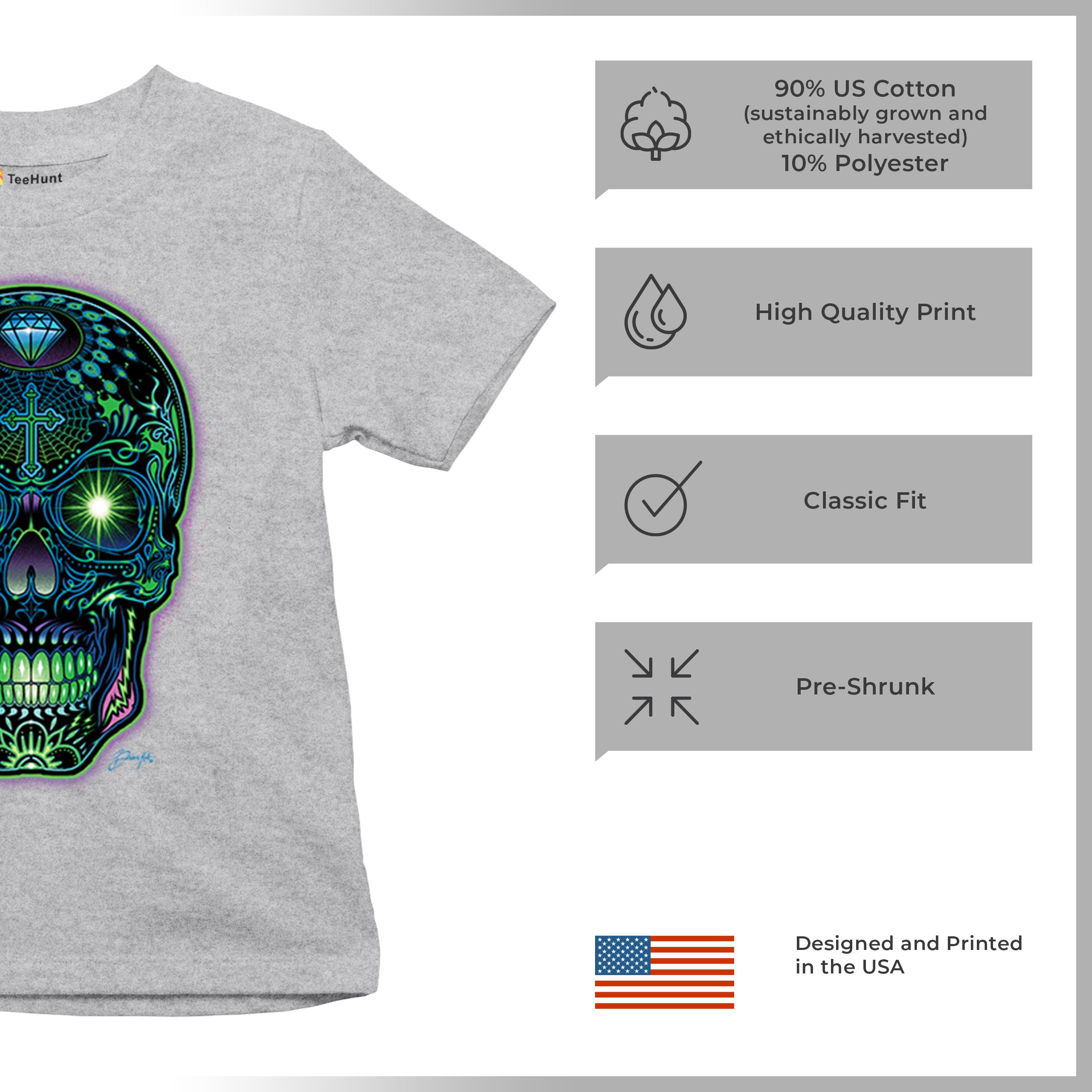 Bright Sugar Skull Youth T-shirt Dia de Los Muertos Neon Day of the Dead Kids - Picture 14 of 50