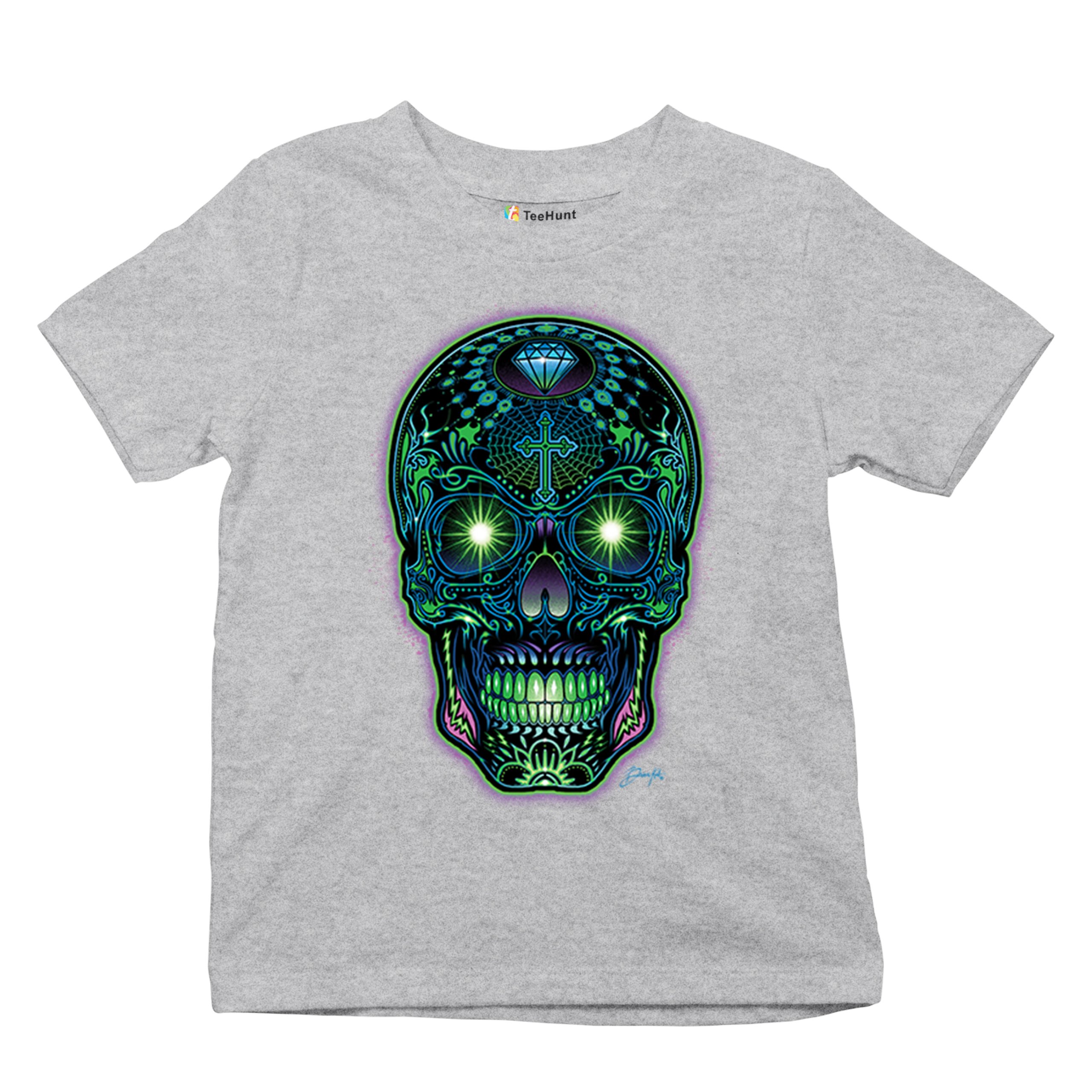 Bright Sugar Skull Youth T-shirt Dia de Los Muertos Neon Day of the Dead Kids - Picture 13 of 50