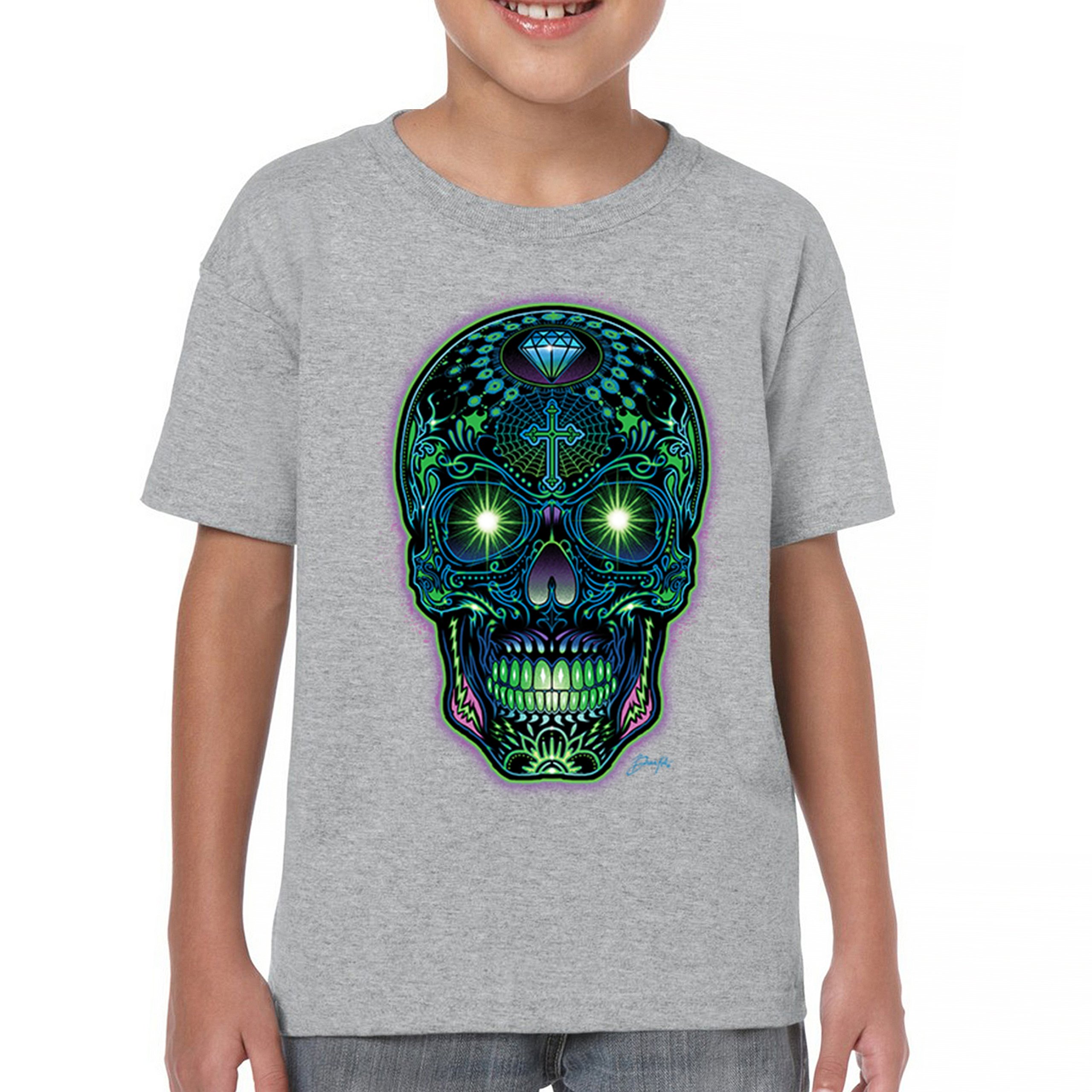 Bright Sugar Skull Youth T-shirt Dia de Los Muertos Neon Day of the Dead Kids - Picture 9 of 50