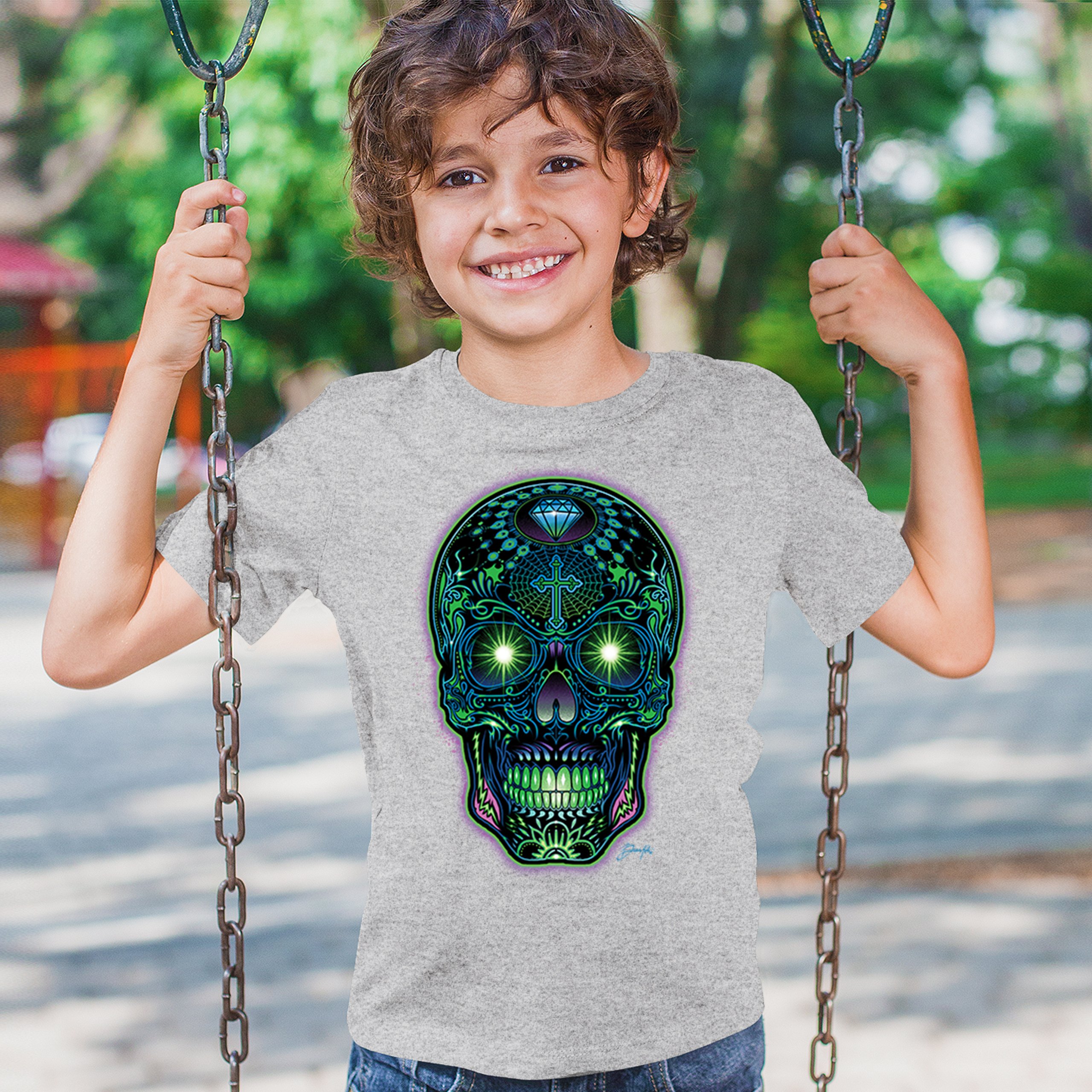 Bright Sugar Skull Youth T-shirt Dia de Los Muertos Neon Day of the Dead Kids - Picture 12 of 50