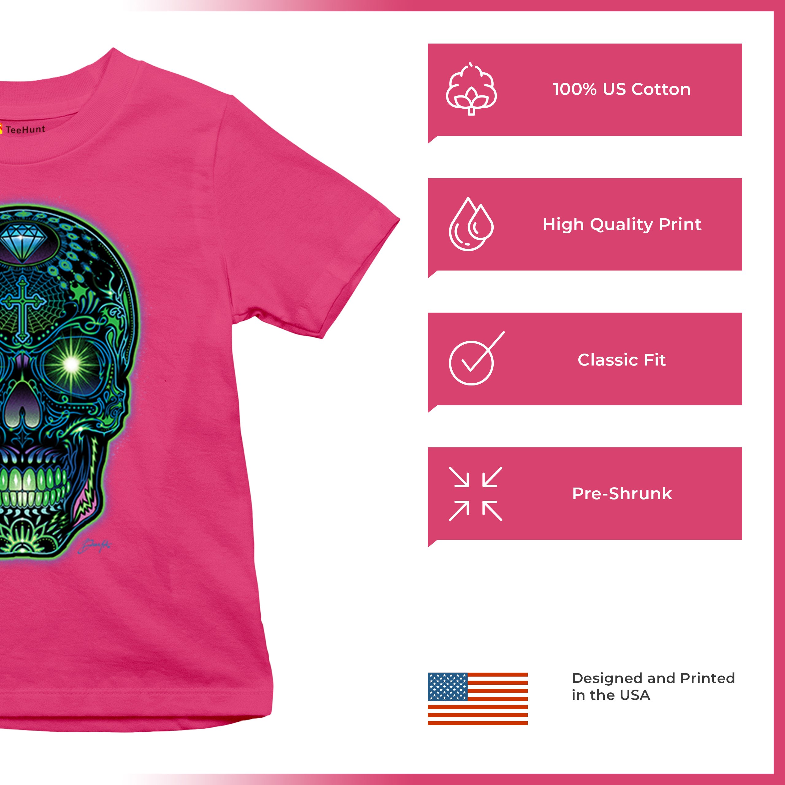 Bright Sugar Skull Youth T-shirt Dia de Los Muertos Neon Day of the Dead Kids - Picture 49 of 50