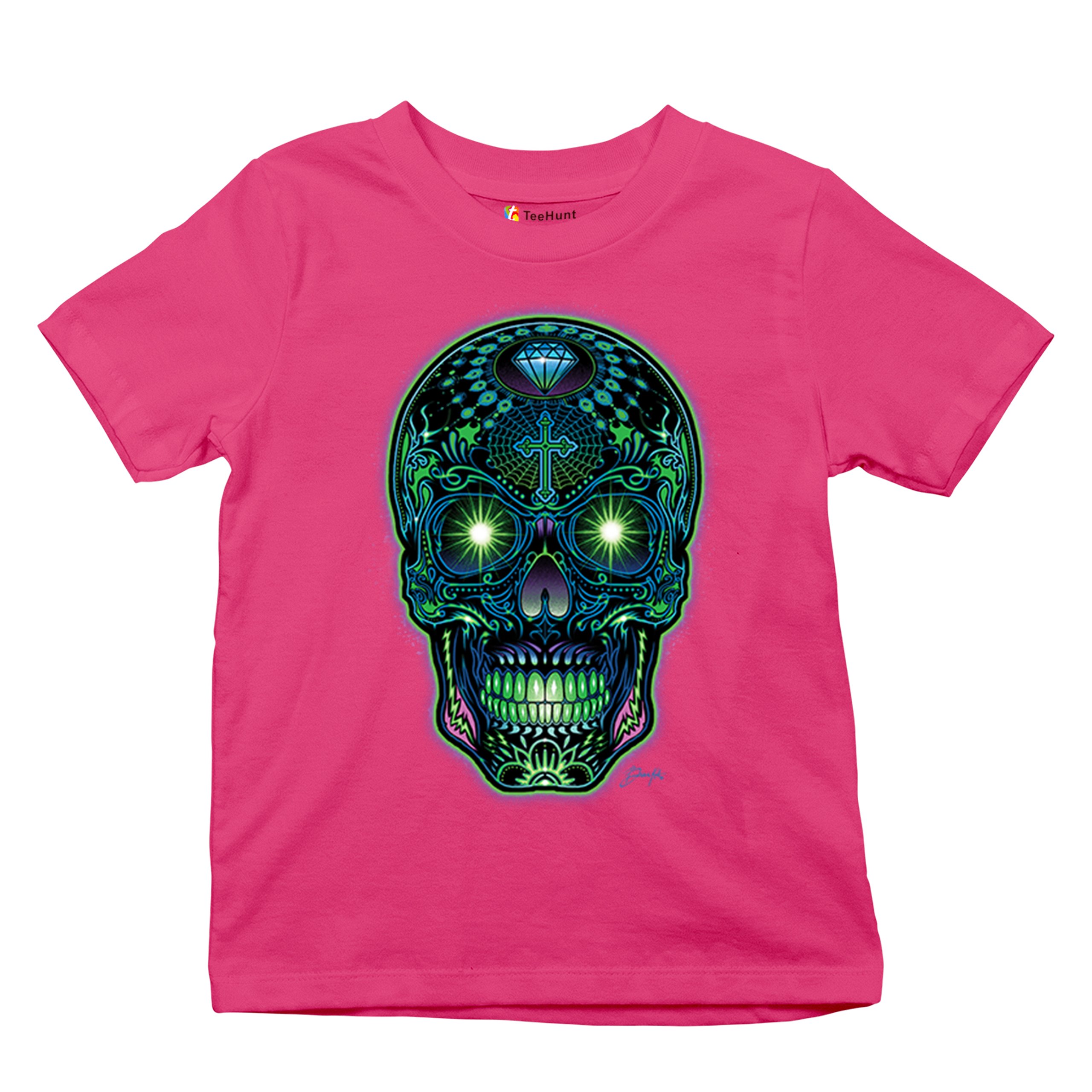 Bright Sugar Skull Youth T-shirt Dia de Los Muertos Neon Day of the Dead Kids - Picture 48 of 50