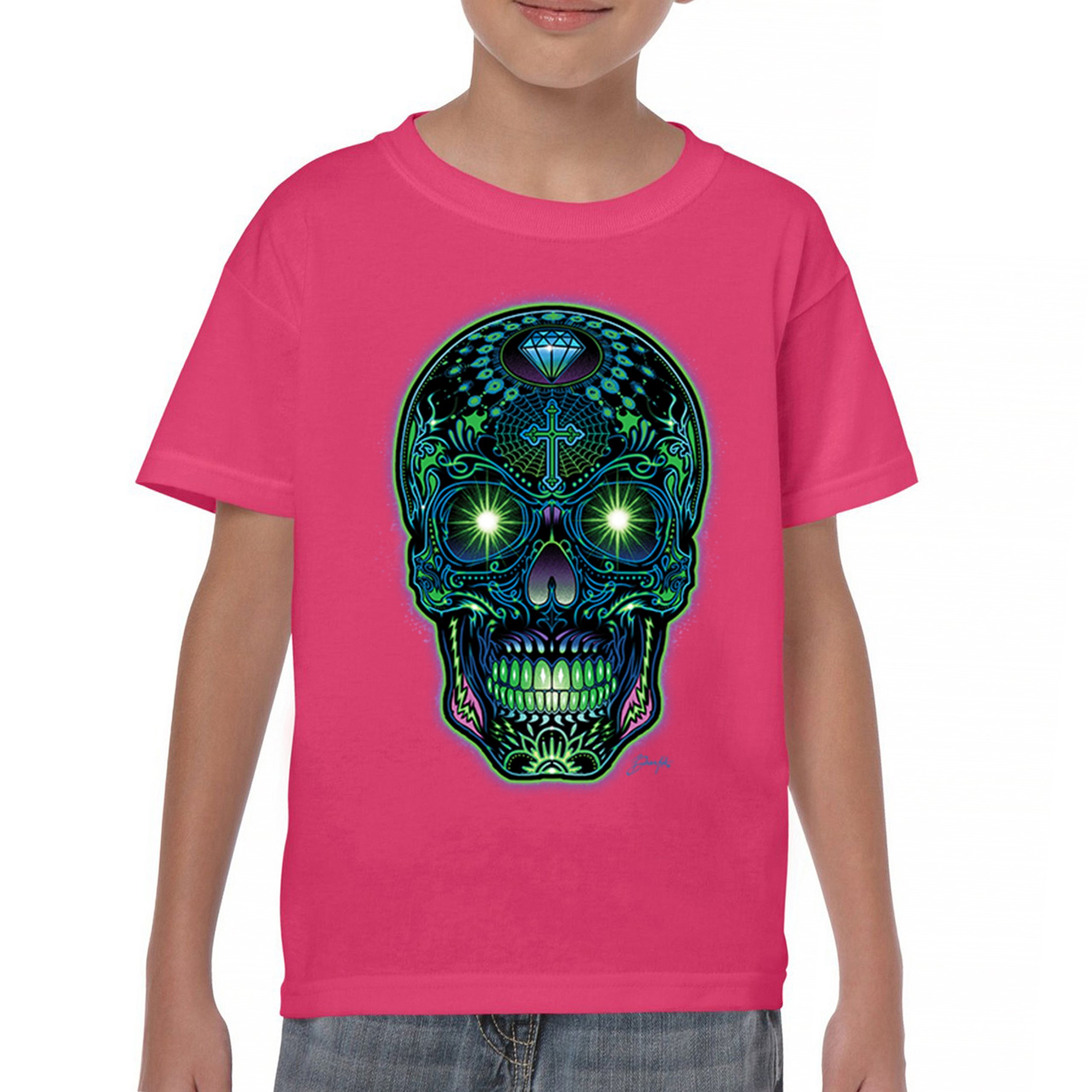 Bright Sugar Skull Youth T-shirt Dia de Los Muertos Neon Day of the Dead Kids - Picture 44 of 50