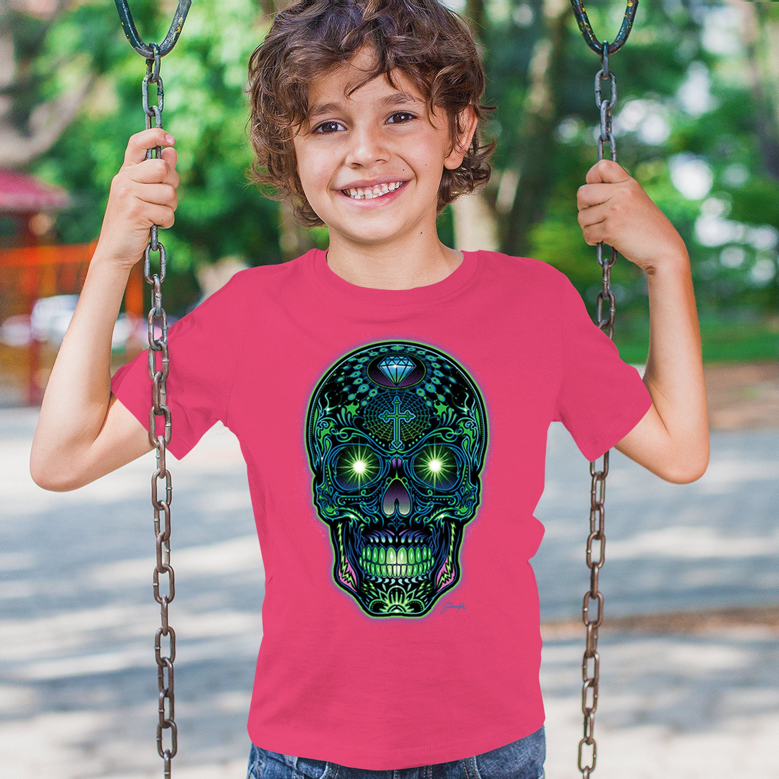 Bright Sugar Skull Youth T-shirt Dia de Los Muertos Neon Day of the Dead Kids - Picture 47 of 50