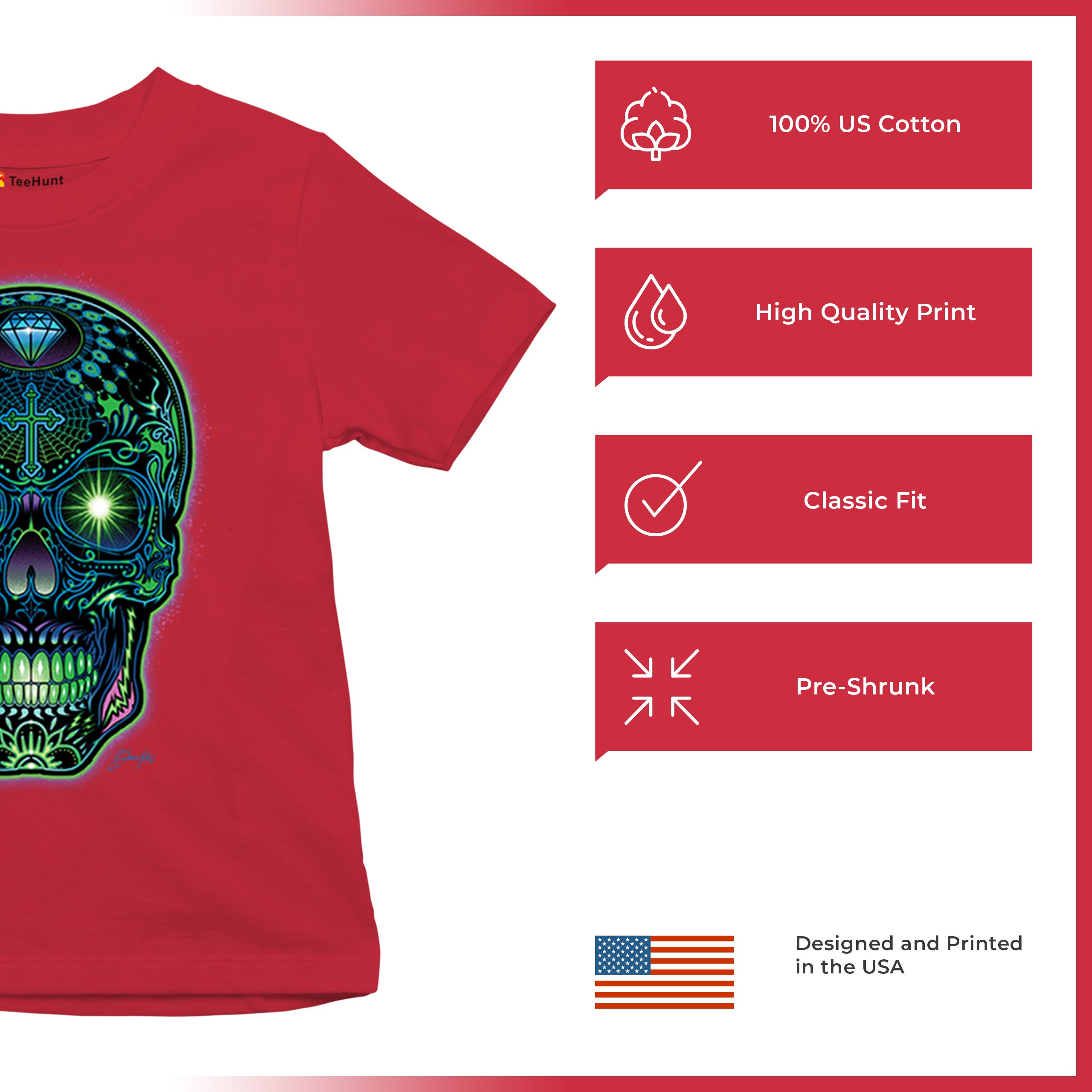 Bright Sugar Skull Youth T-shirt Dia de Los Muertos Neon Day of the Dead Kids - Picture 21 of 50