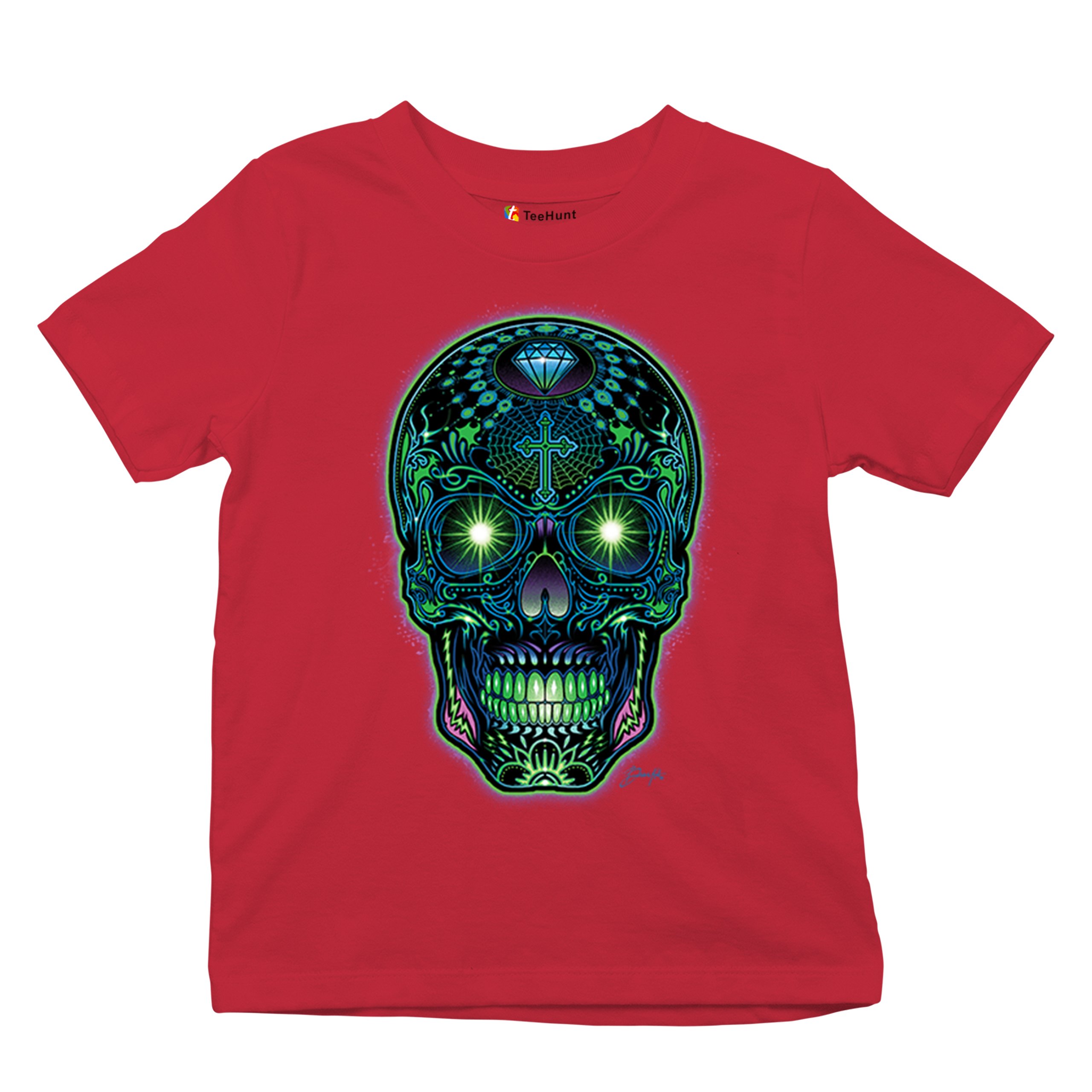Bright Sugar Skull Youth T-shirt Dia de Los Muertos Neon Day of the Dead Kids - Picture 20 of 50