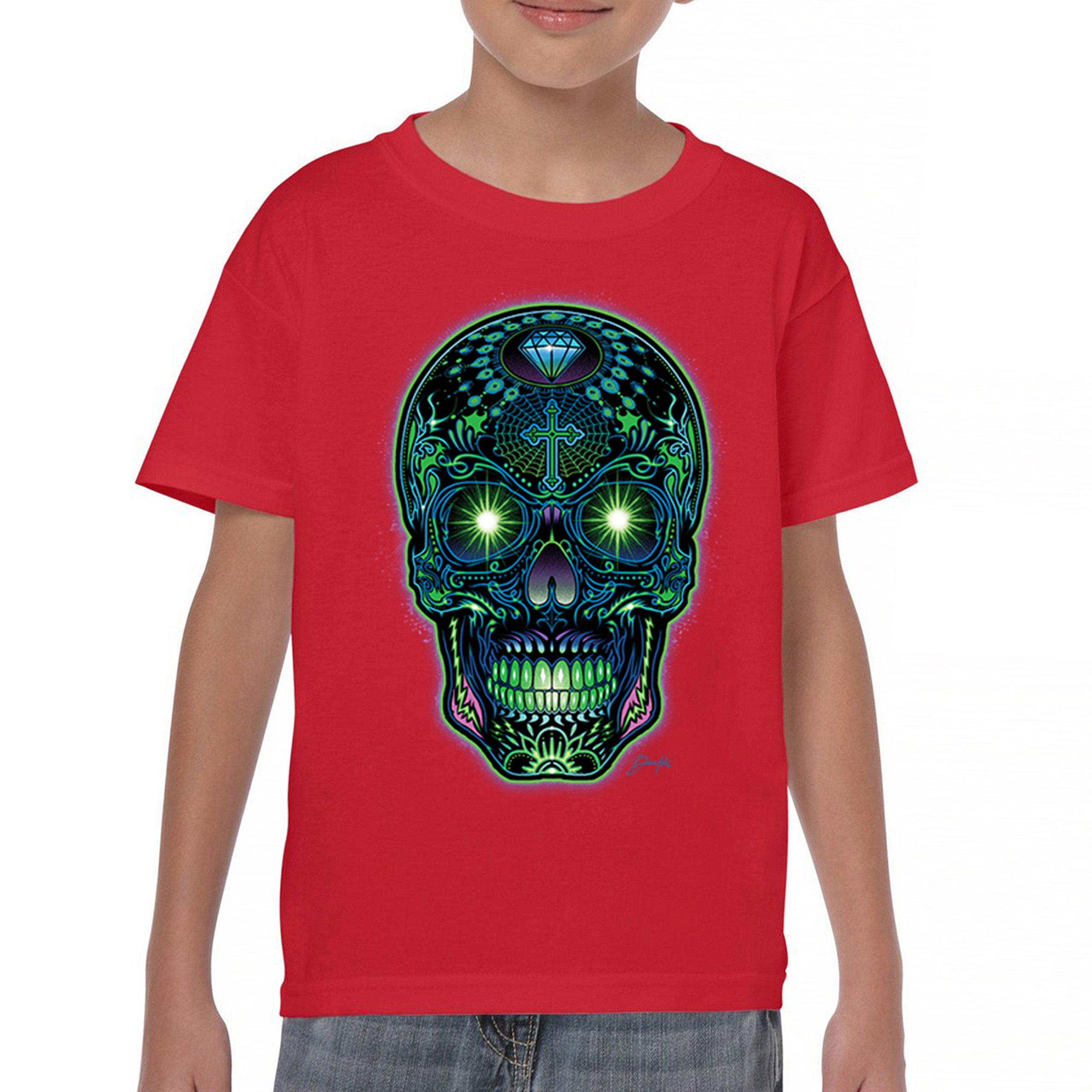 Bright Sugar Skull Youth T-shirt Dia de Los Muertos Neon Day of the Dead Kids - Picture 16 of 50