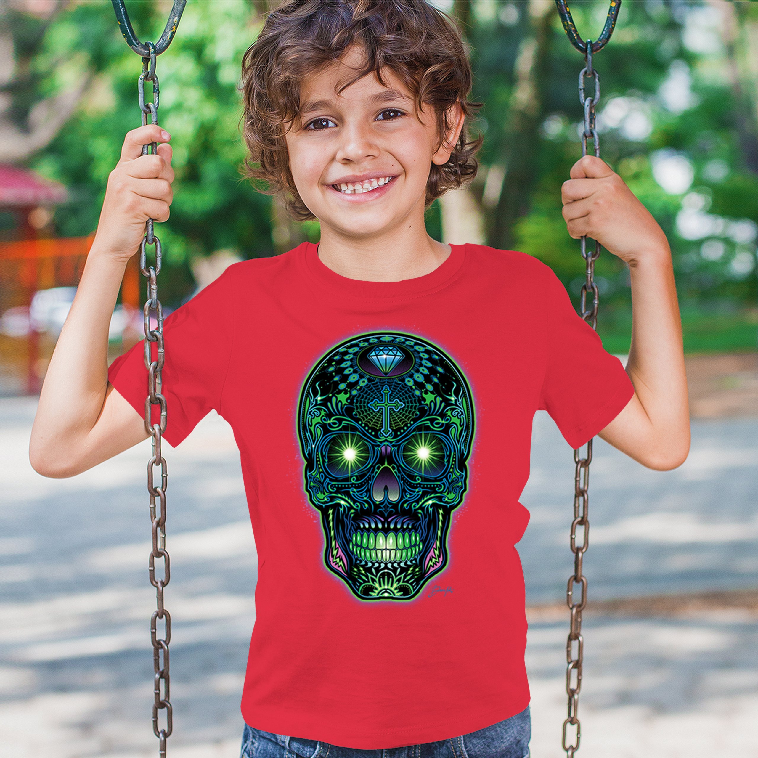 Bright Sugar Skull Youth T-shirt Dia de Los Muertos Neon Day of the Dead Kids - Picture 19 of 50