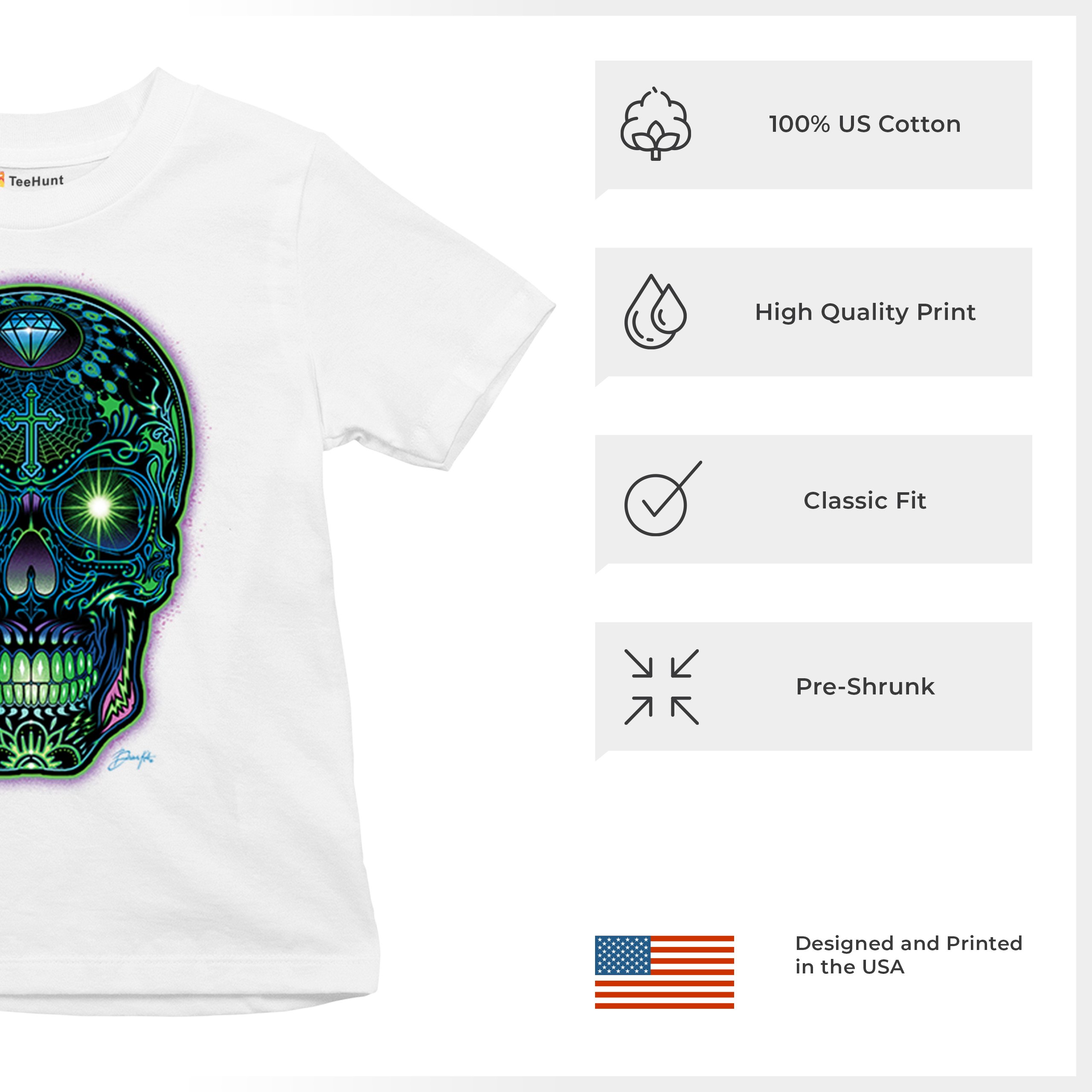 Bright Sugar Skull Youth T-shirt Dia de Los Muertos Neon Day of the Dead Kids - Picture 28 of 50