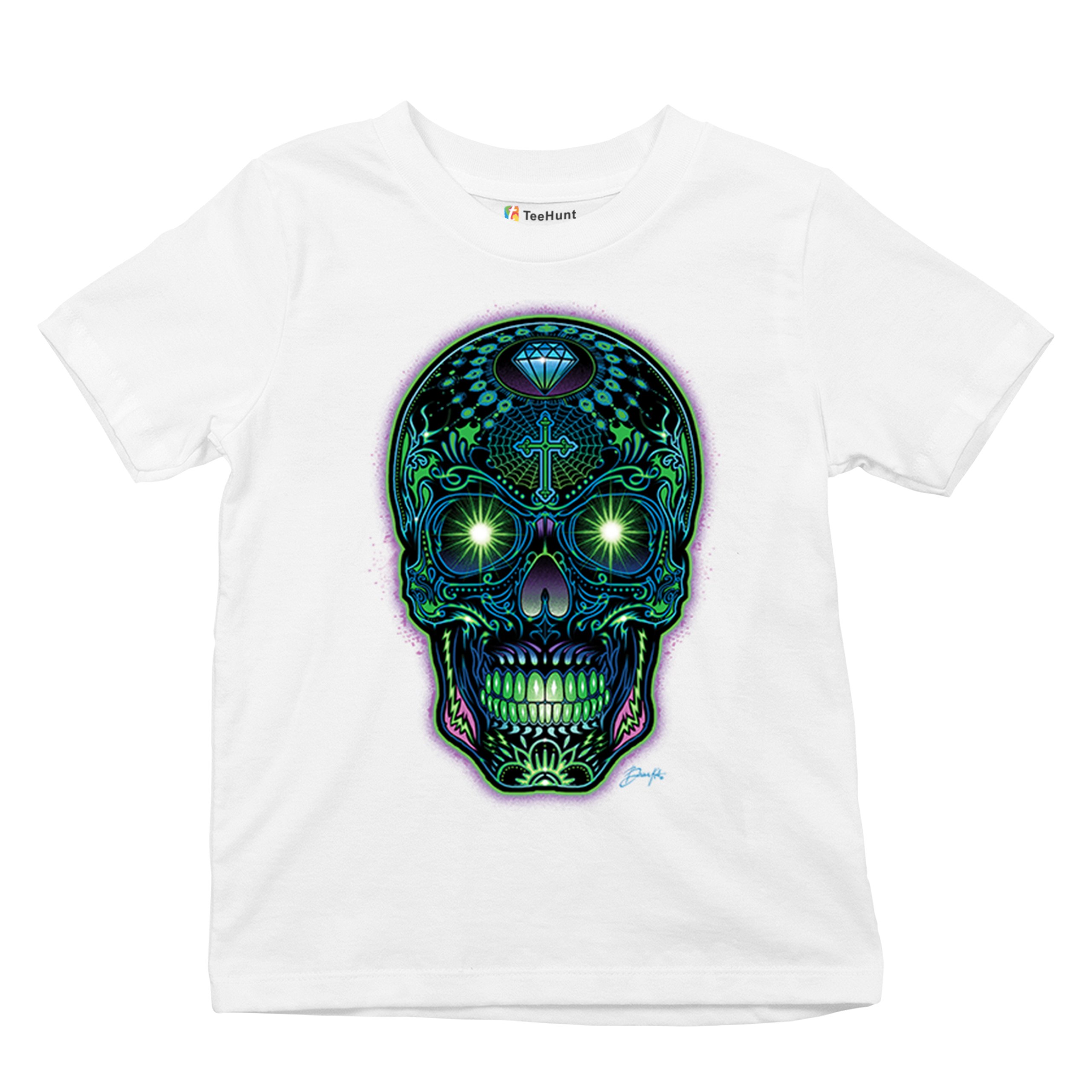 Bright Sugar Skull Youth T-shirt Dia de Los Muertos Neon Day of the Dead Kids - Picture 27 of 50