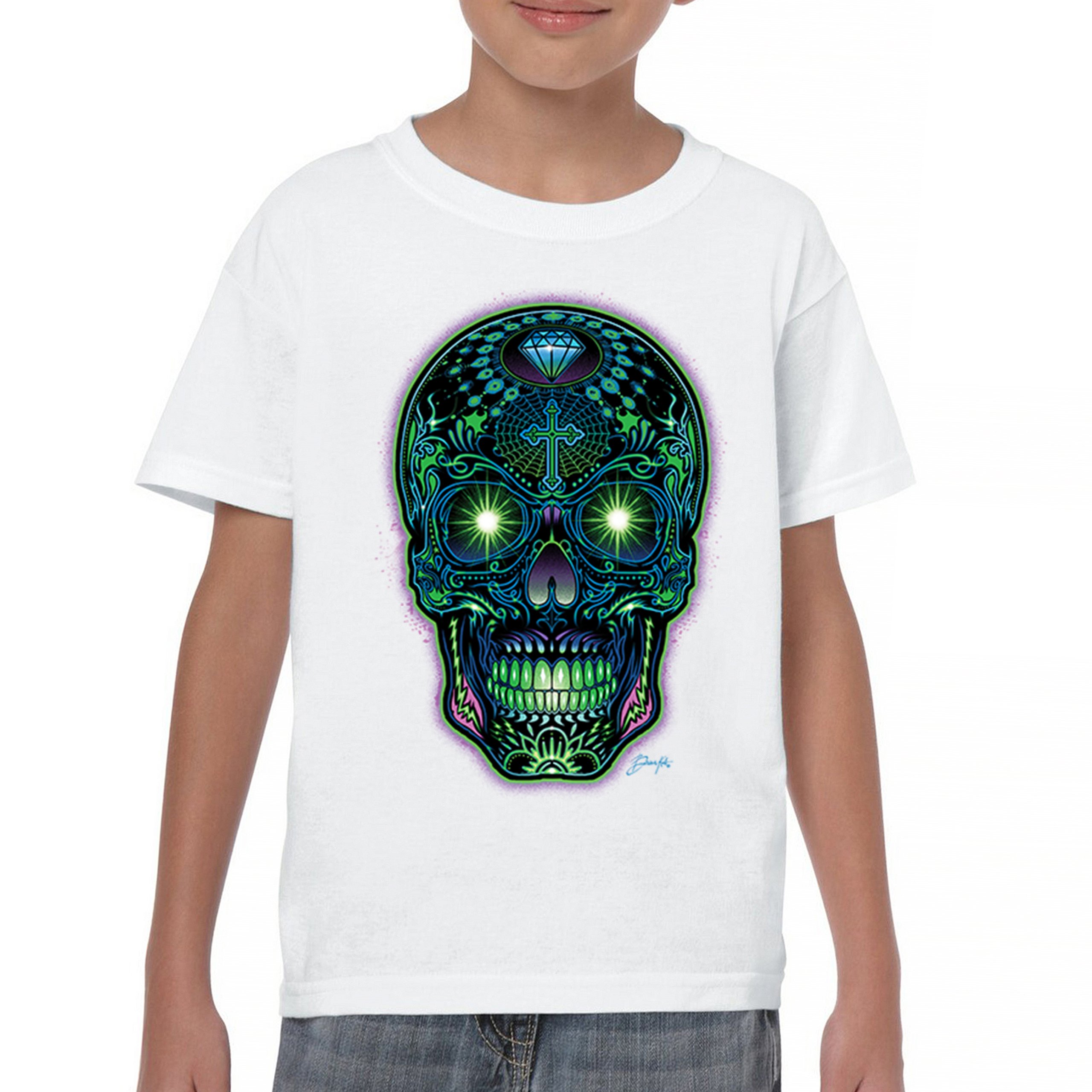Bright Sugar Skull Youth T-shirt Dia de Los Muertos Neon Day of the Dead Kids - Picture 23 of 50
