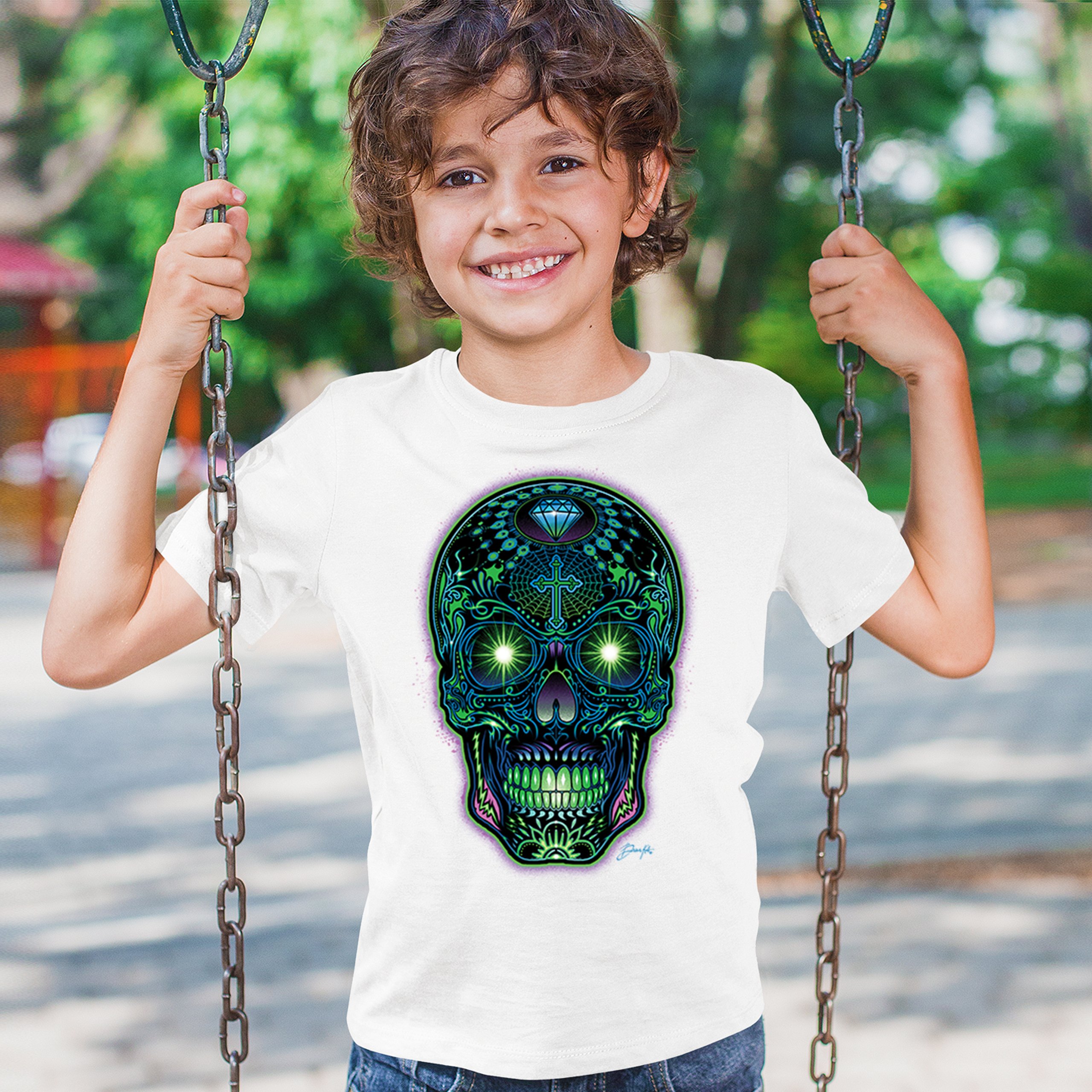 Bright Sugar Skull Youth T-shirt Dia de Los Muertos Neon Day of the Dead Kids - Picture 26 of 50