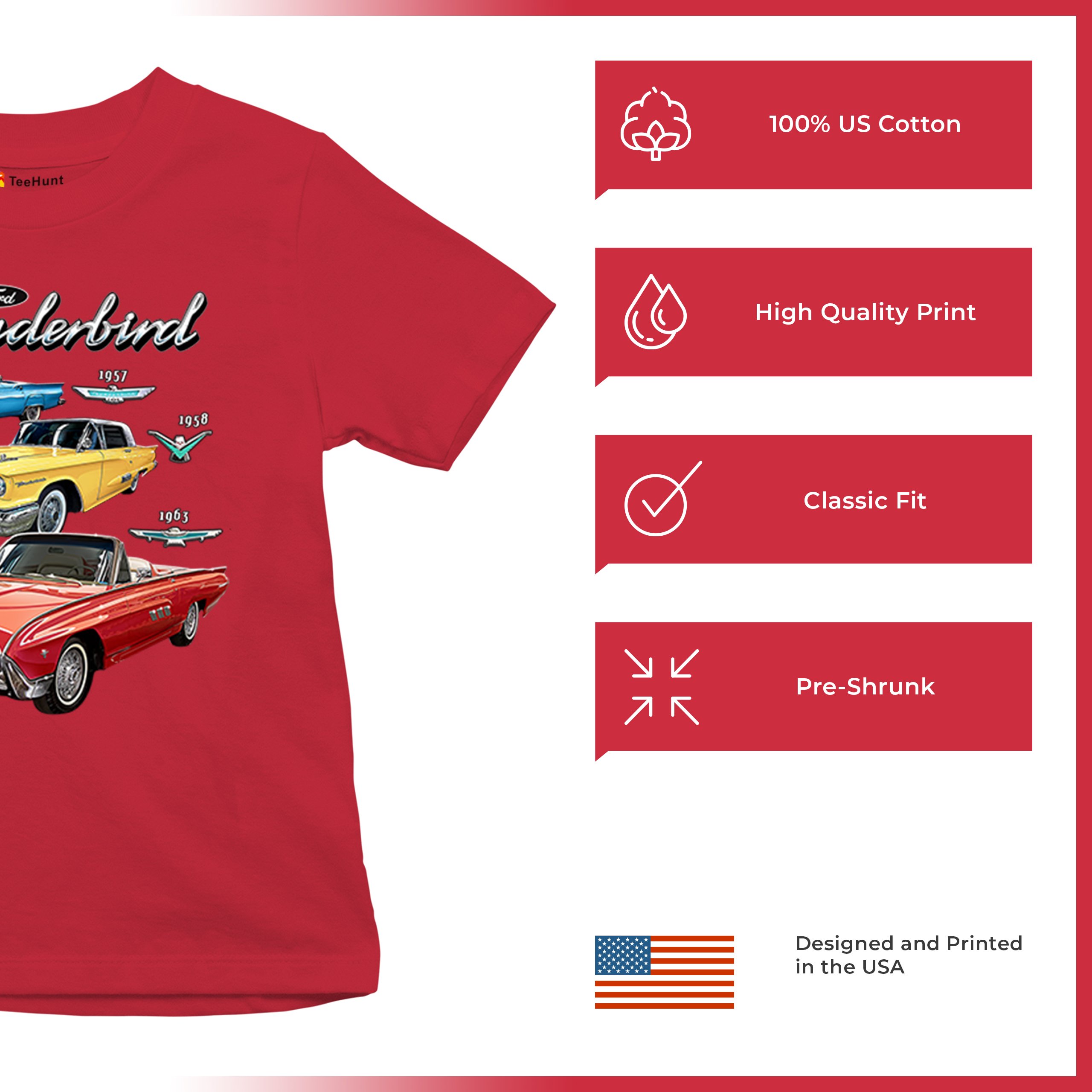 Ford Thunderbirds 1957 1958 1963 Youth T-shirt Classic Retro Convertible Kids - Picture 21 of 50
