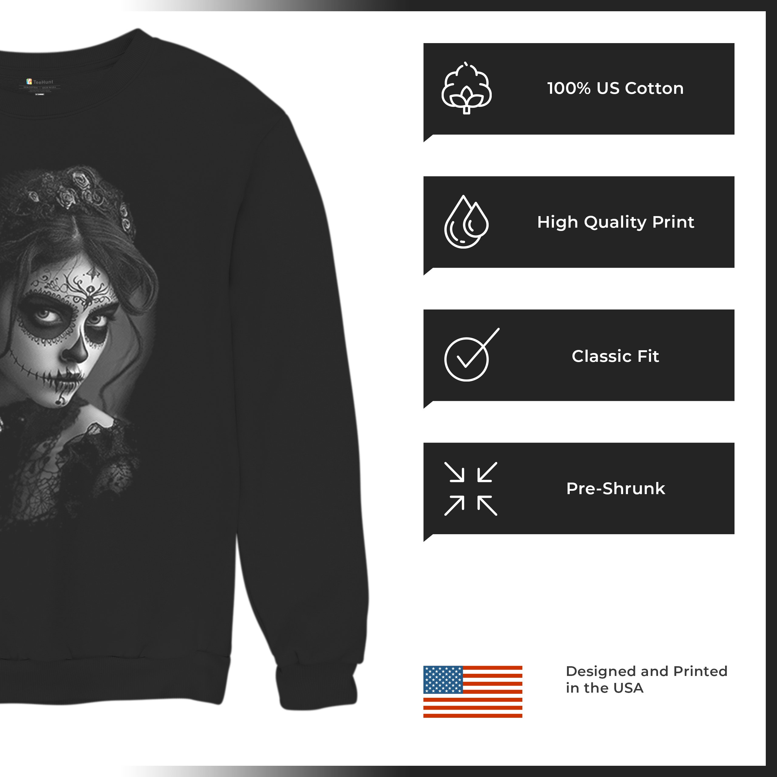 Sugar Skull Lace Sweatshirt Black White Day of the Dead Gothic Beauty Crewneck - Picture 7 of 15