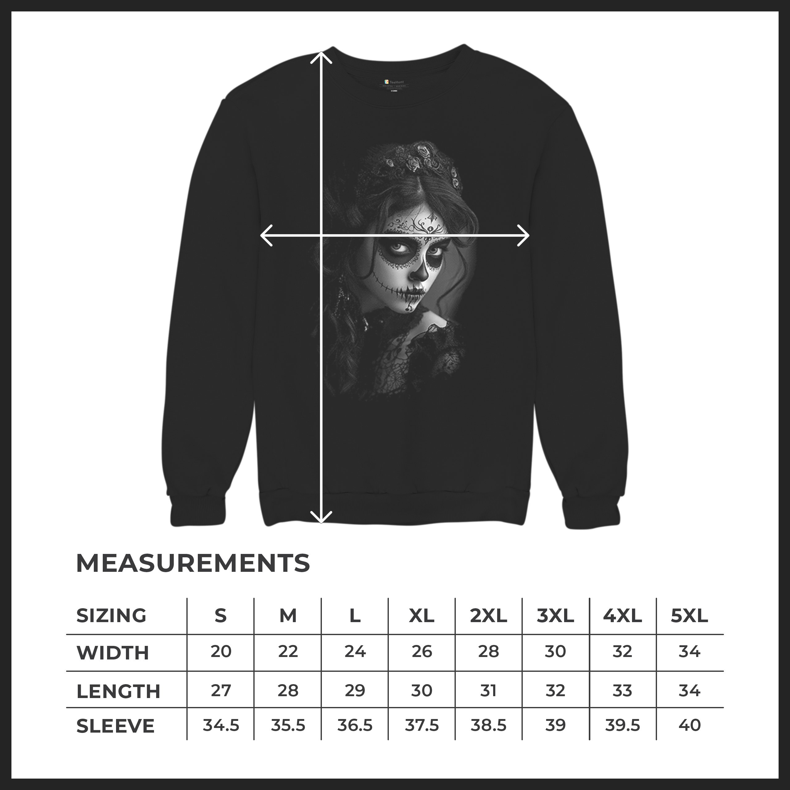 Sugar Skull Lace Sweatshirt Black White Day of the Dead Gothic Beauty Crewneck - Picture 8 of 15
