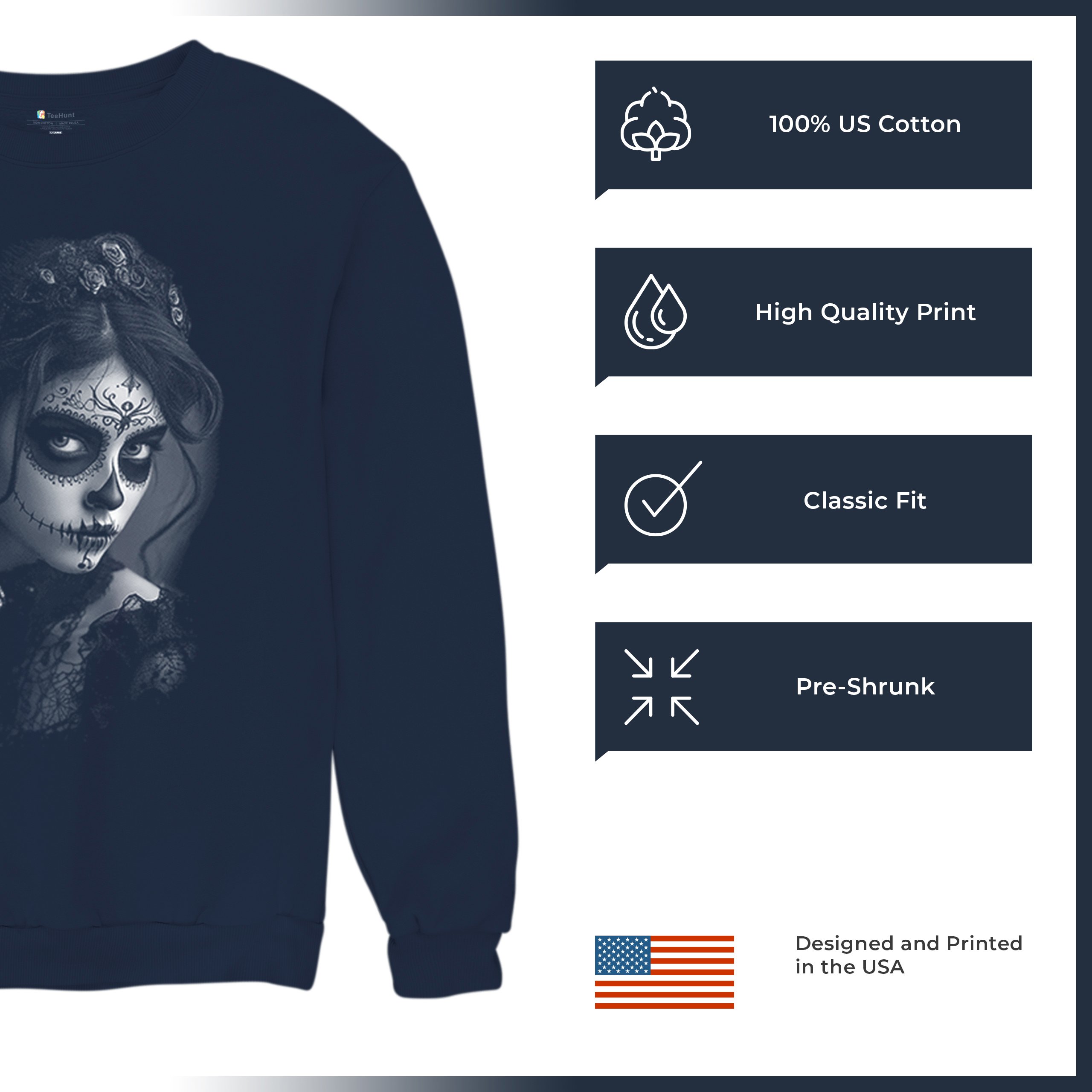 Sugar Skull Lace Sweatshirt Black White Day of the Dead Gothic Beauty Crewneck - Picture 14 of 15