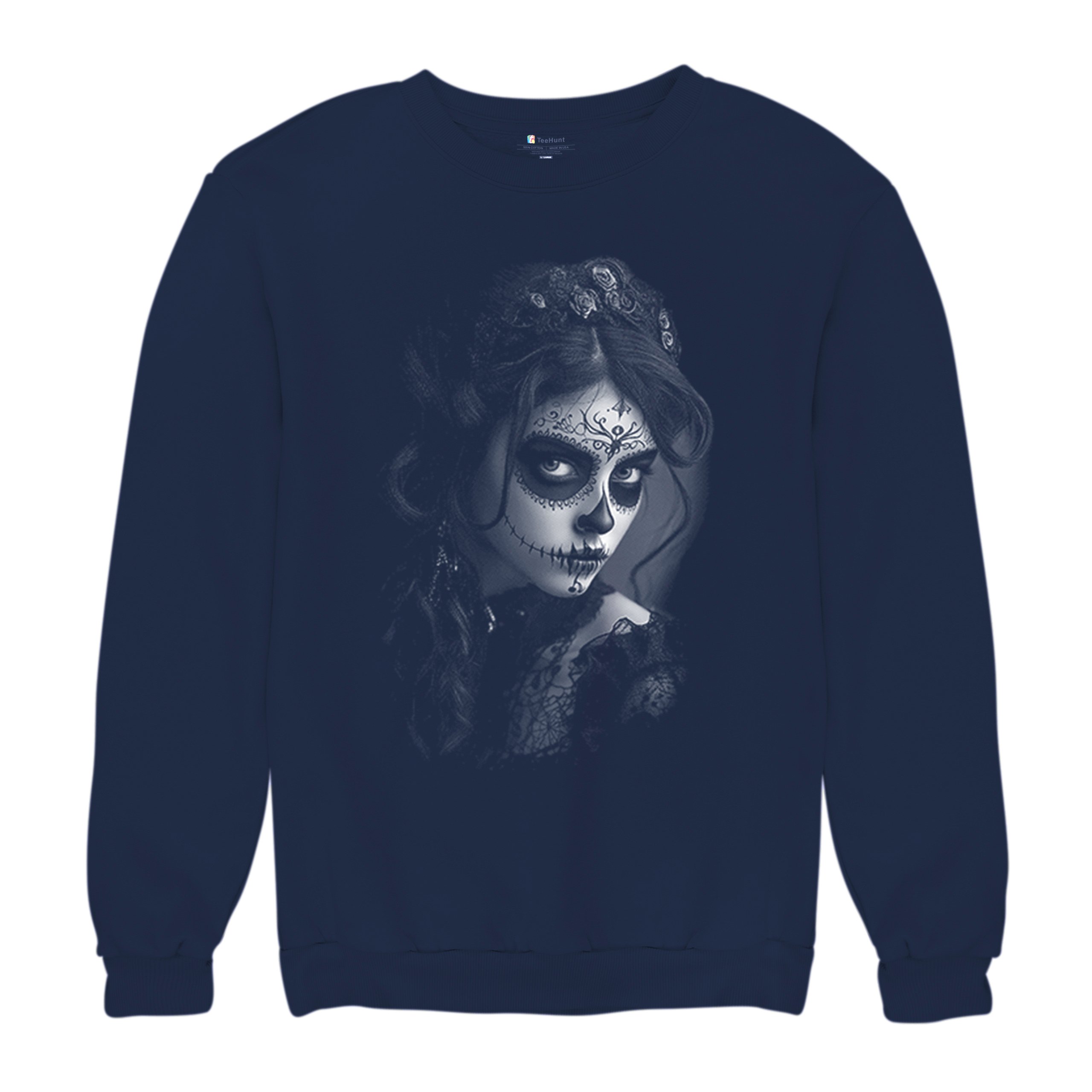 Sugar Skull Lace Sweatshirt Black White Day of the Dead Gothic Beauty Crewneck - Picture 13 of 15