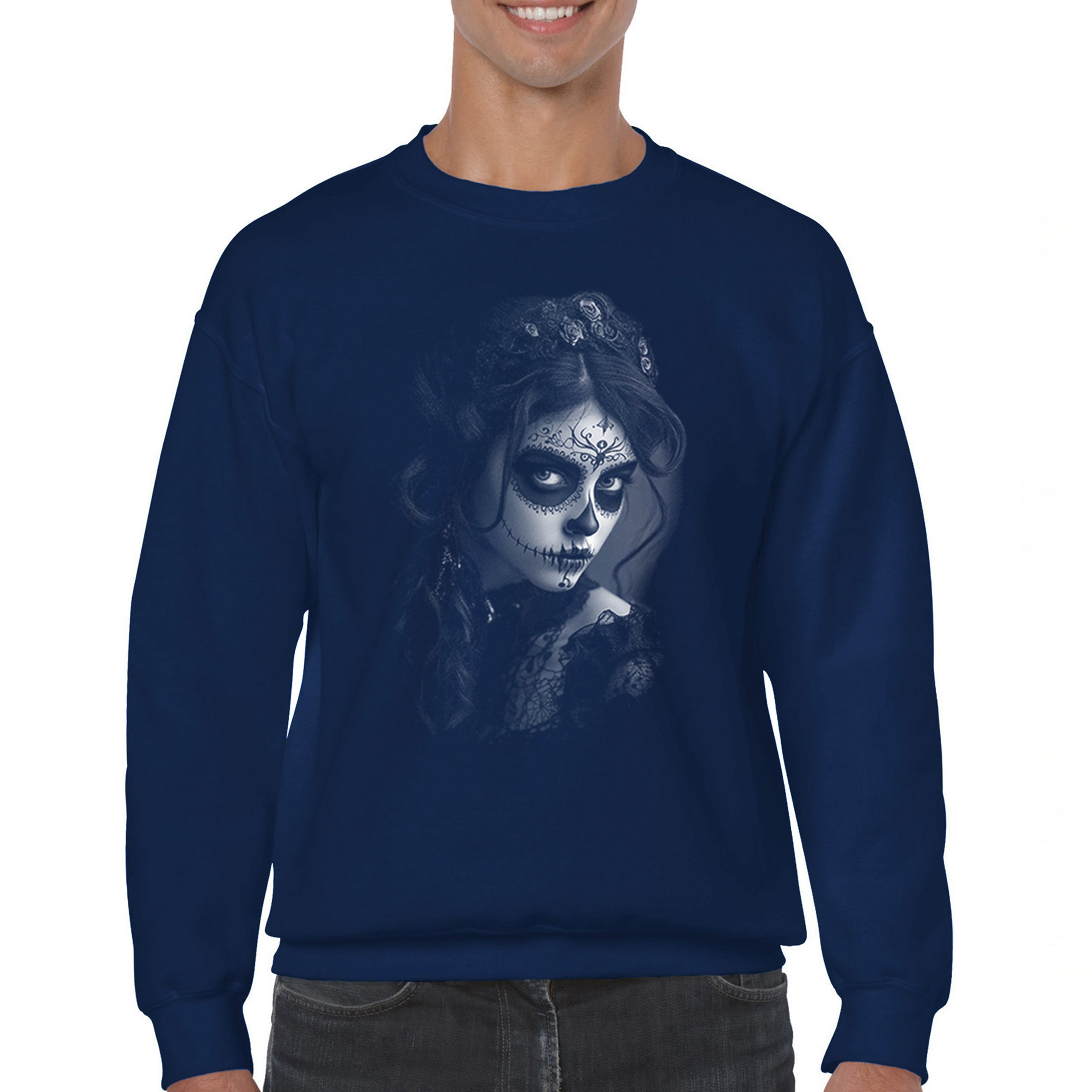 Sugar Skull Lace Sweatshirt Black White Day of the Dead Gothic Beauty Crewneck - Picture 9 of 15