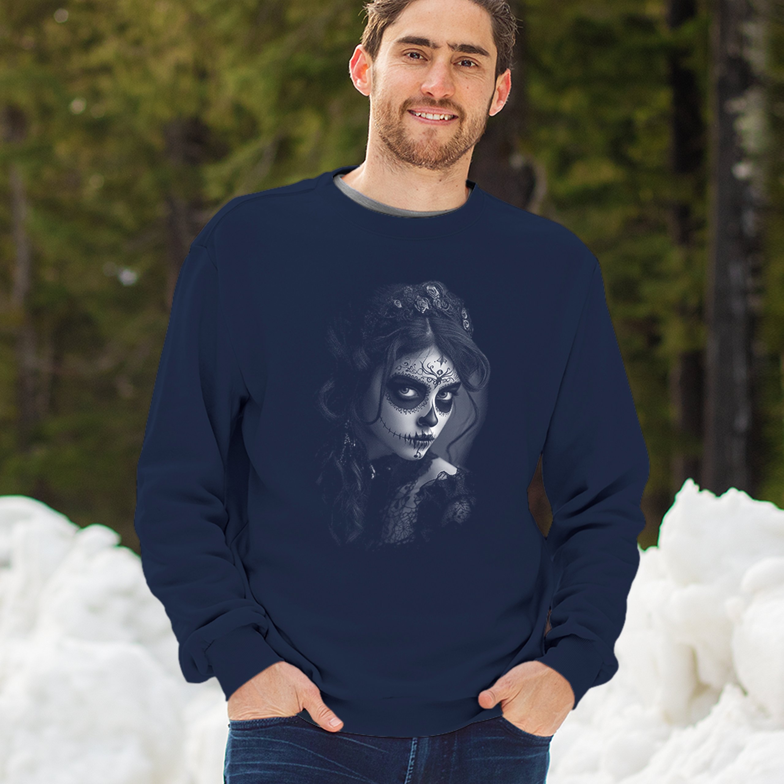 Sugar Skull Lace Sweatshirt Black White Day of the Dead Gothic Beauty Crewneck - Picture 12 of 15