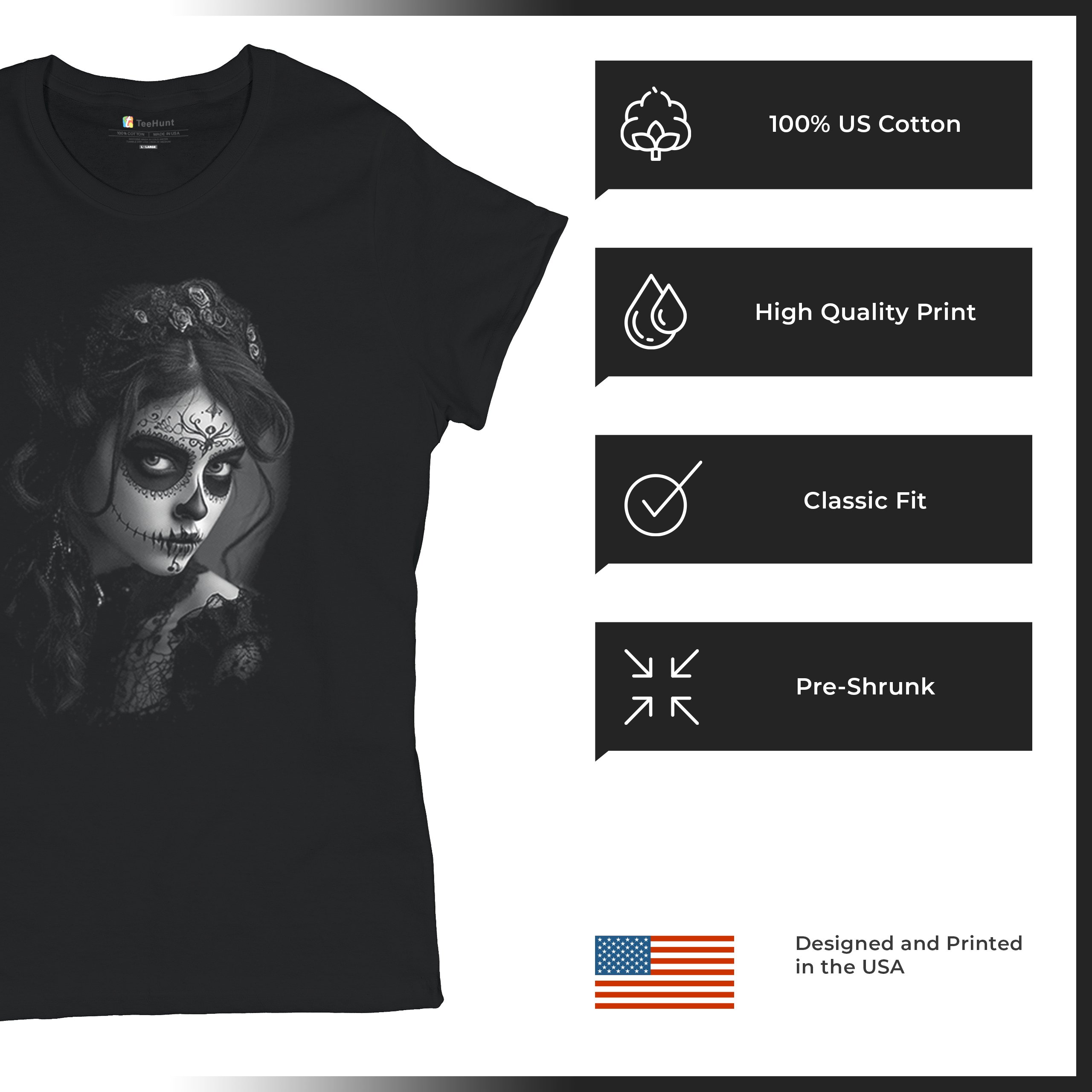 Sugar Skull Lace T-Shirt Black White Day of the Dead Gothic Beauty Women's Tee - Picture 7 of 15